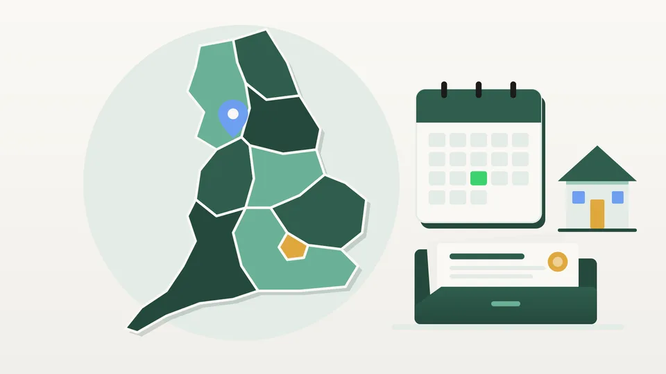 Flat illustration of a map of England divided into nine soft green regions, beside a desk calendar with one highlighted day, a small house and a neat folder of certificates.