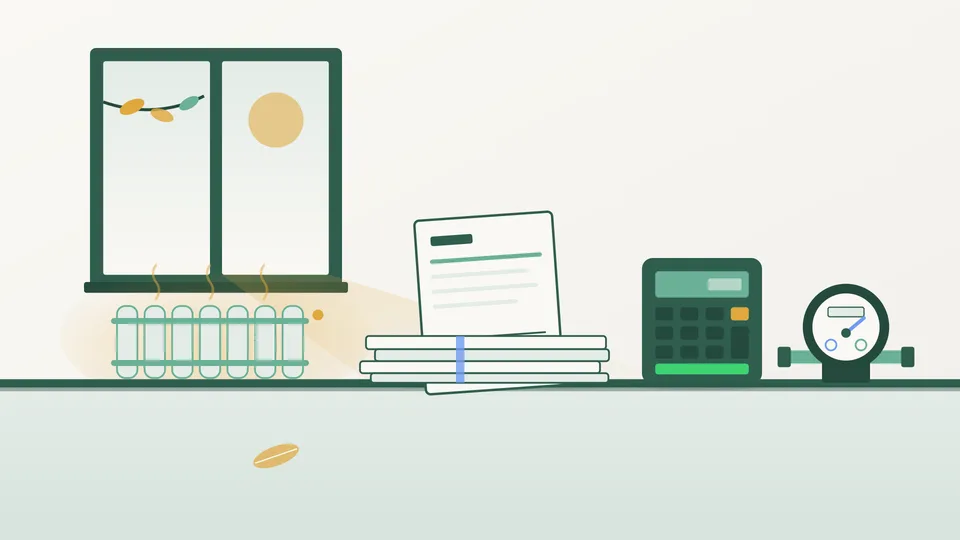 A calm desk in soft autumn light with a neat stack of utility bills, a calculator and a small water meter, and a warm radiator below the window behind it.