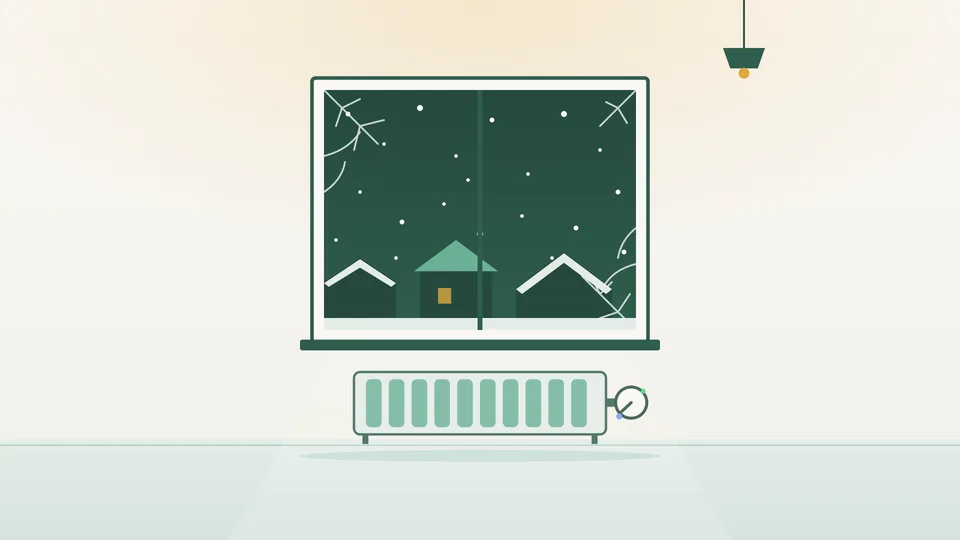 Um apartamento vazio e suavemente iluminado no inverno, com o termóstato do radiador debaixo da janela regulado para baixo, geada no vidro e neve a cair sobre os telhados lá fora.
