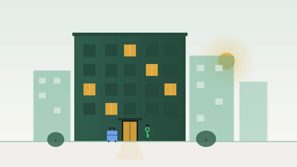 Flat illustration of a green Polish apartment block at dusk, with a few warmly lit windows, a small suitcase beside the glowing front door and a single key hanging on a hook.