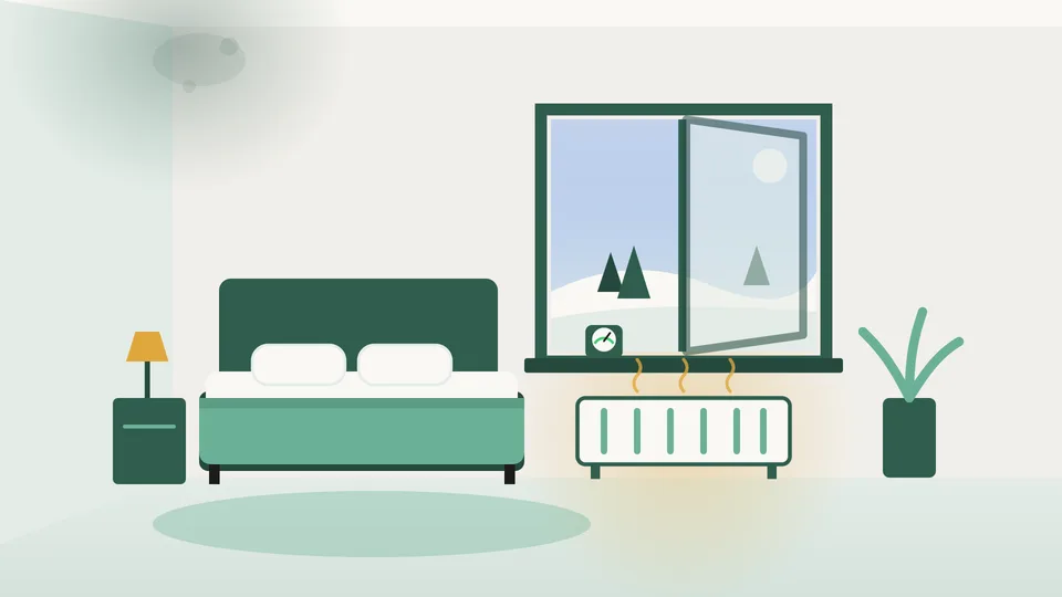 Helles Schlafzimmer einer Mietwohnung im Winter: gekipptes Fenster, kleines Hygrometer auf der Fensterbank, warm leuchtender Heizkörper darunter, leichter Feuchtefleck in der oberen Ecke.