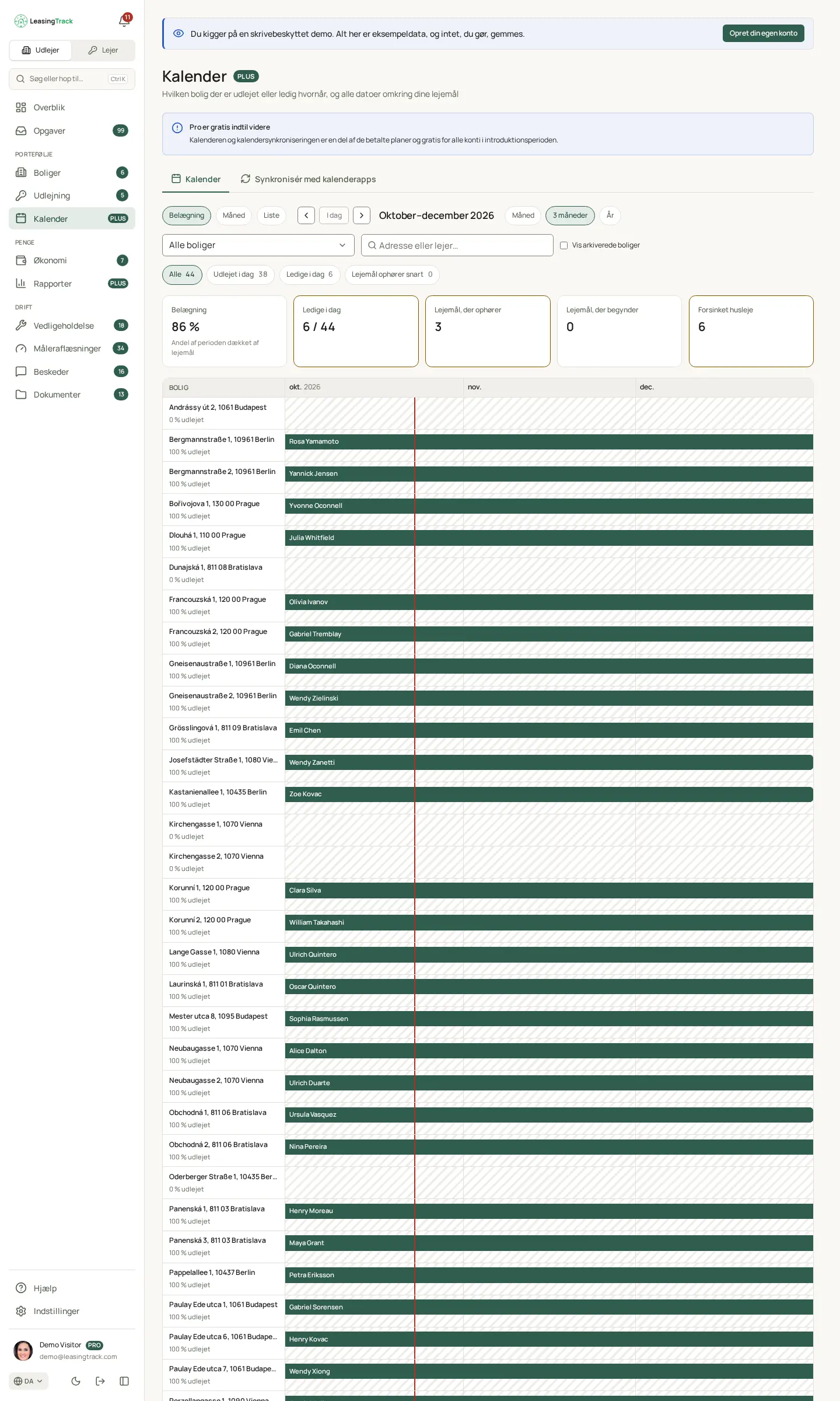 Skærmbillede af LeasingTrack: Udlejningskalender