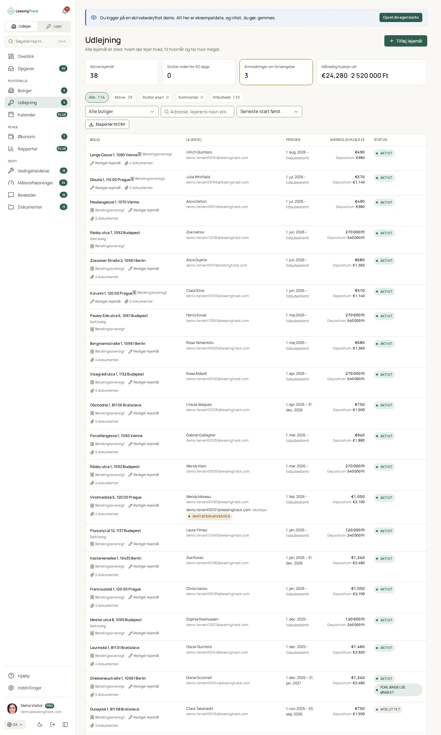 Skærmbillede af LeasingTrack: Udlejning