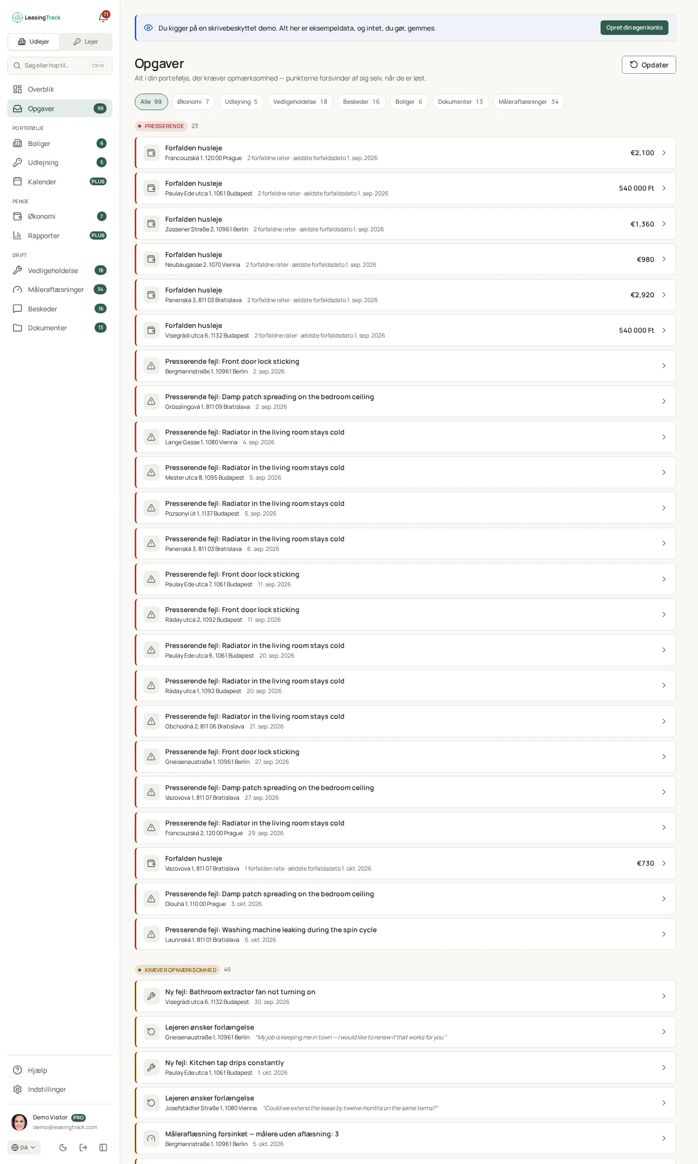 Skærmbillede af LeasingTrack: Opgaver