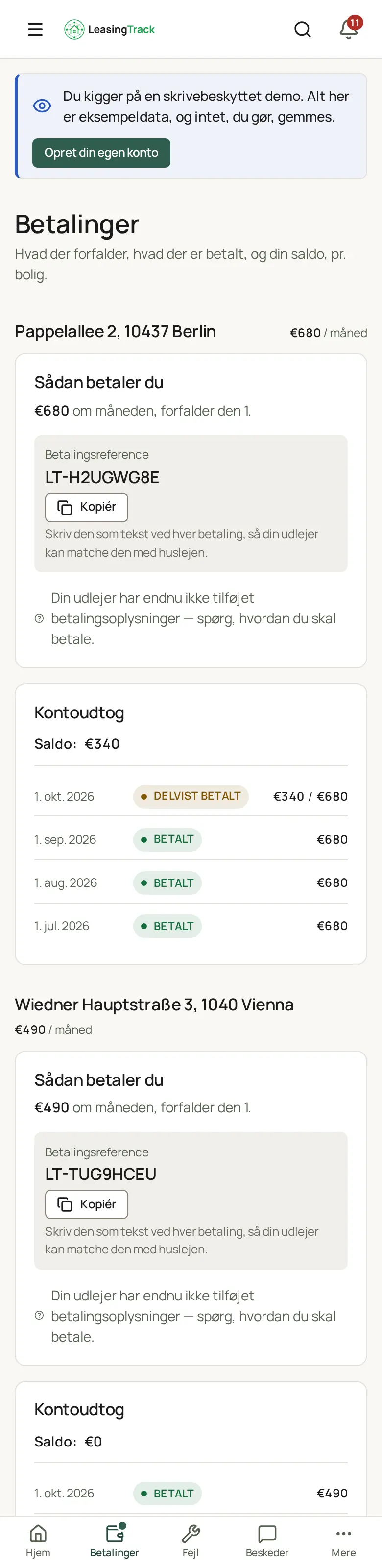 Skærmbillede af LeasingTrack: Lejerens betalinger