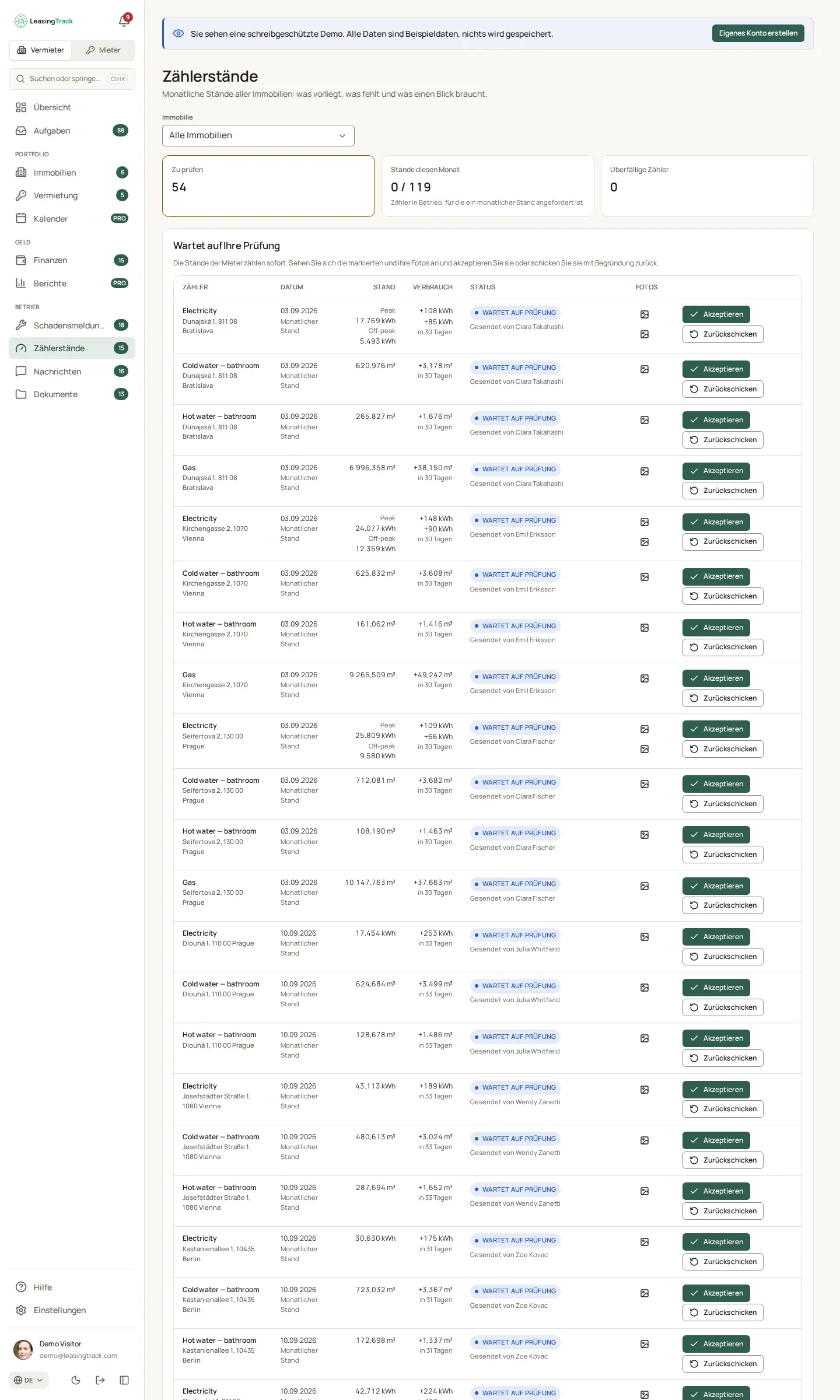 Screenshot von LeasingTrack: Zählerstände