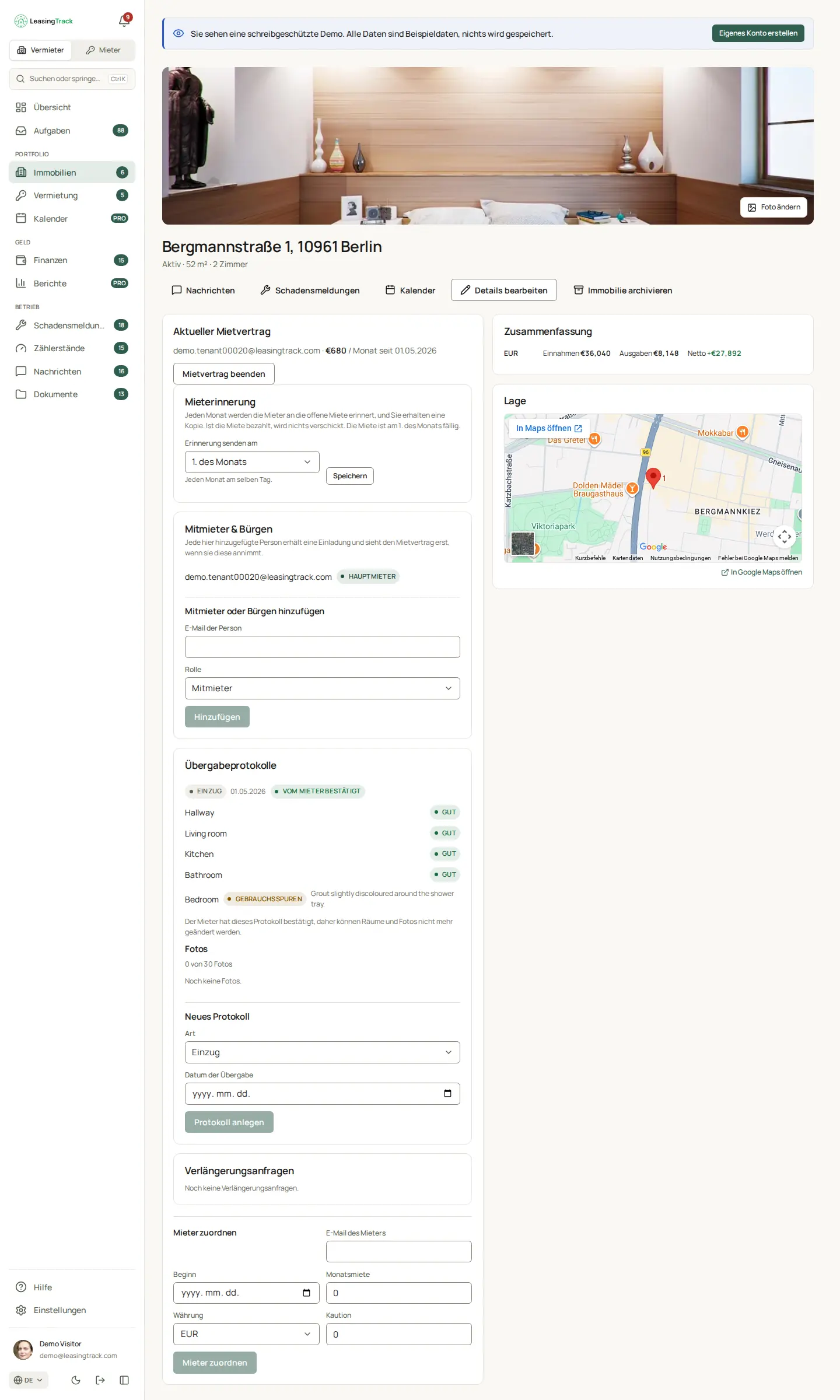 Screenshot von LeasingTrack: Die Seite einer Immobilie