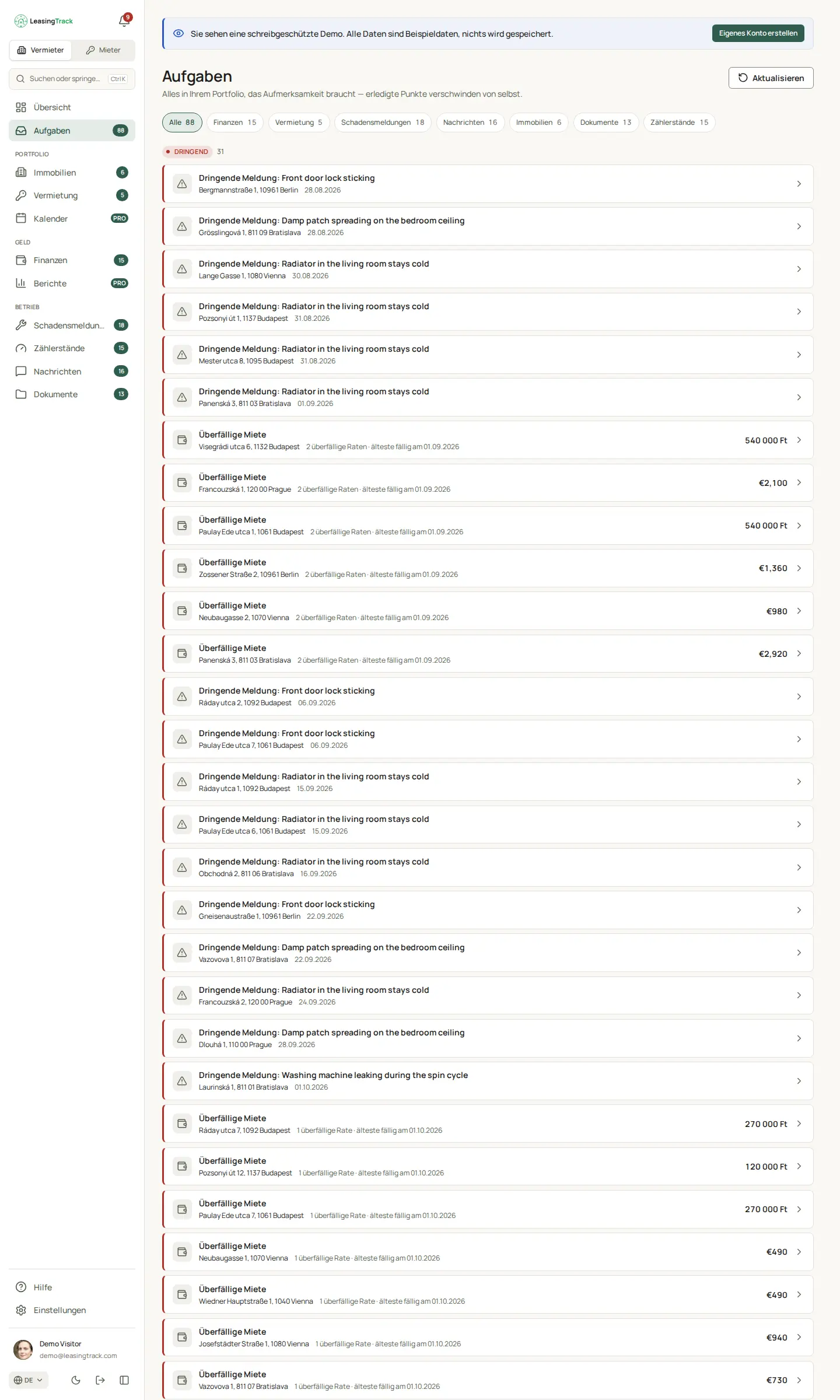 Screenshot von LeasingTrack: Aufgaben