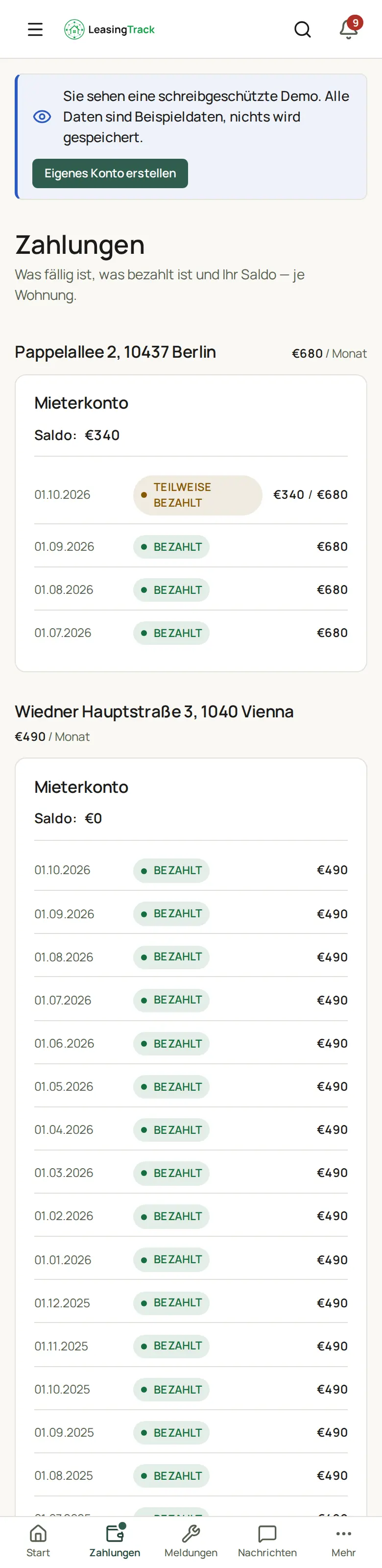 Screenshot von LeasingTrack: Die Zahlungen des Mieters