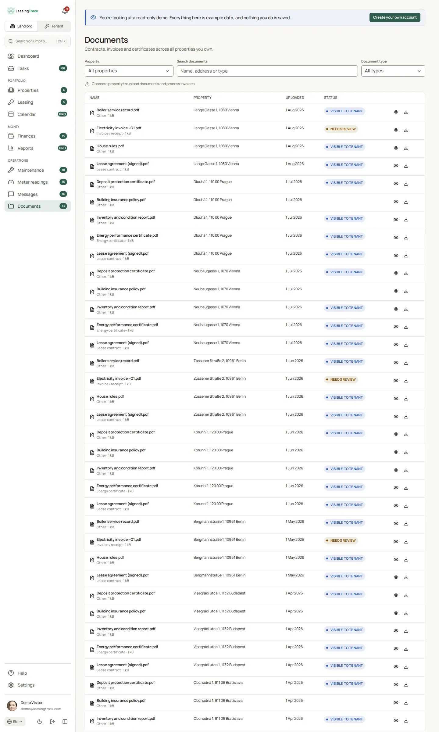 Screenshot of LeasingTrack: Documents