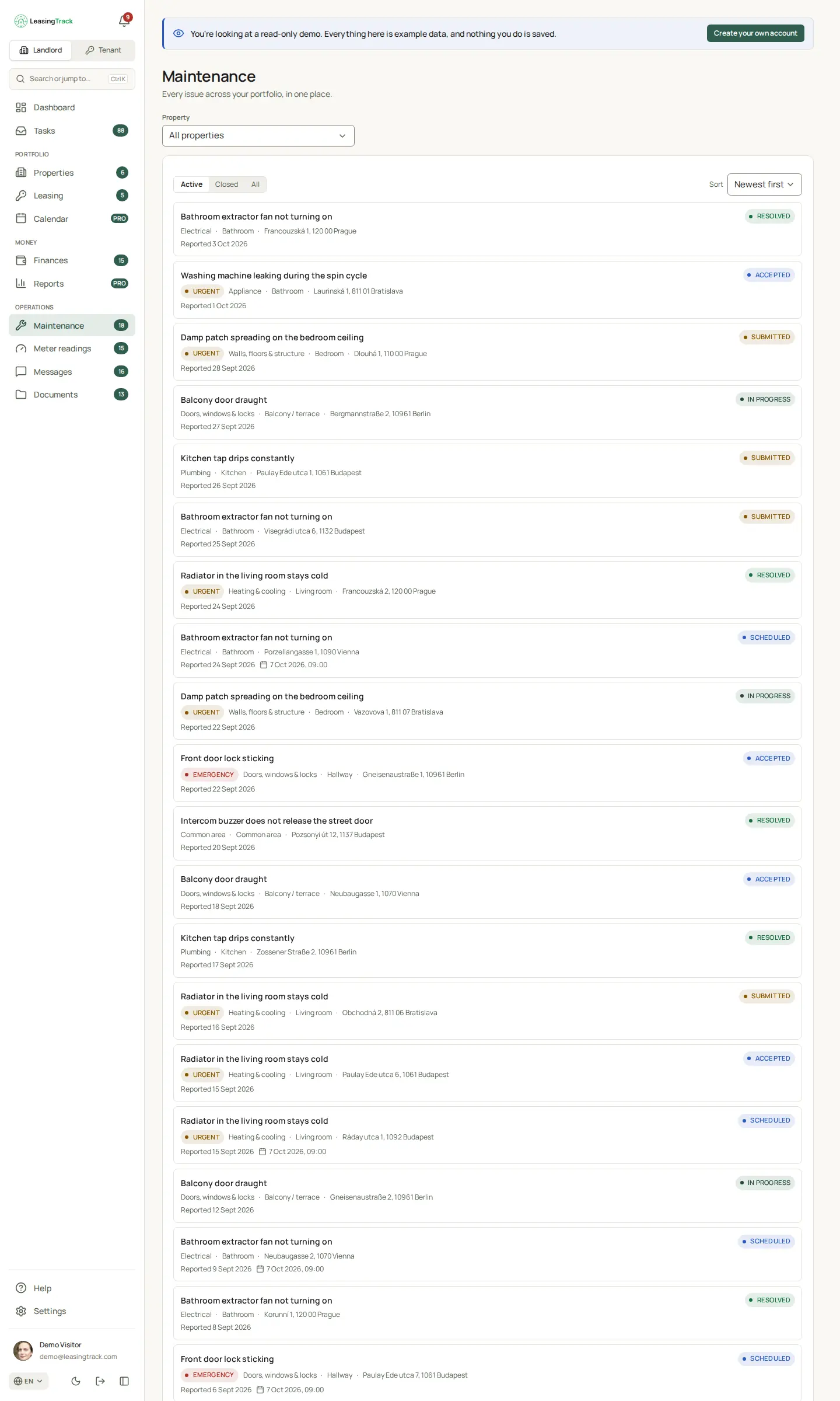 Screenshot of LeasingTrack: Maintenance