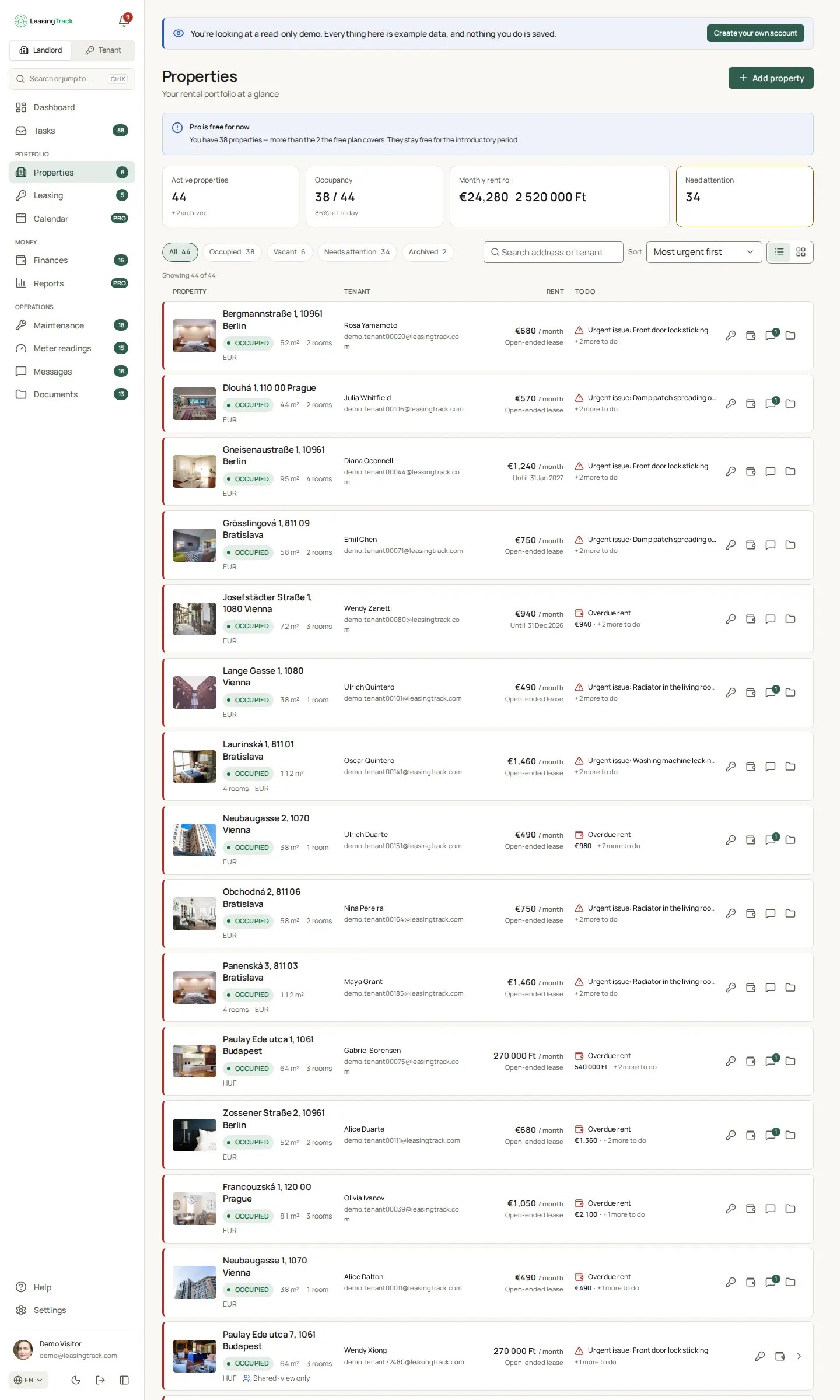 Screenshot of LeasingTrack: Properties