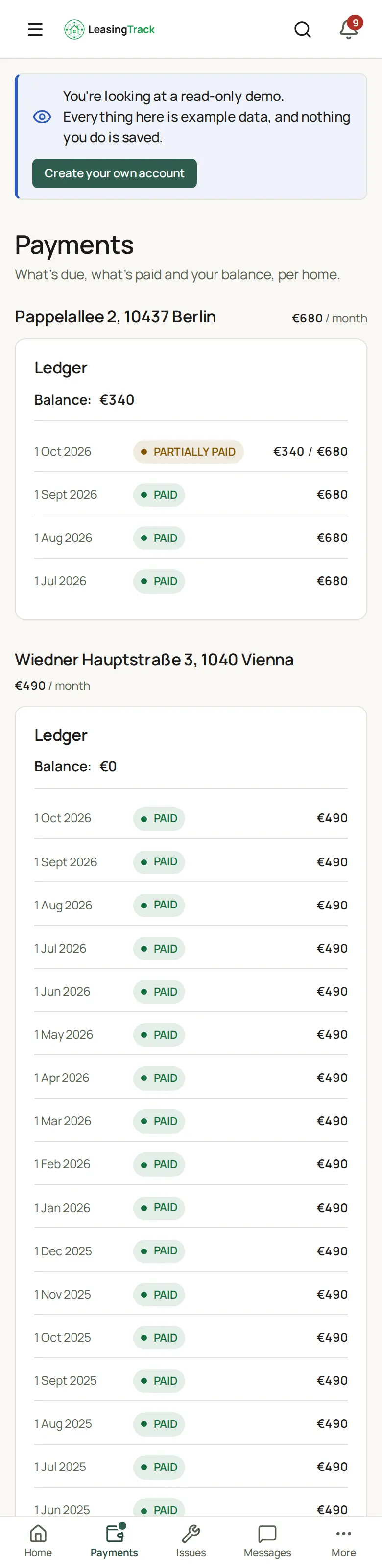 Screenshot of LeasingTrack: The tenant's payments