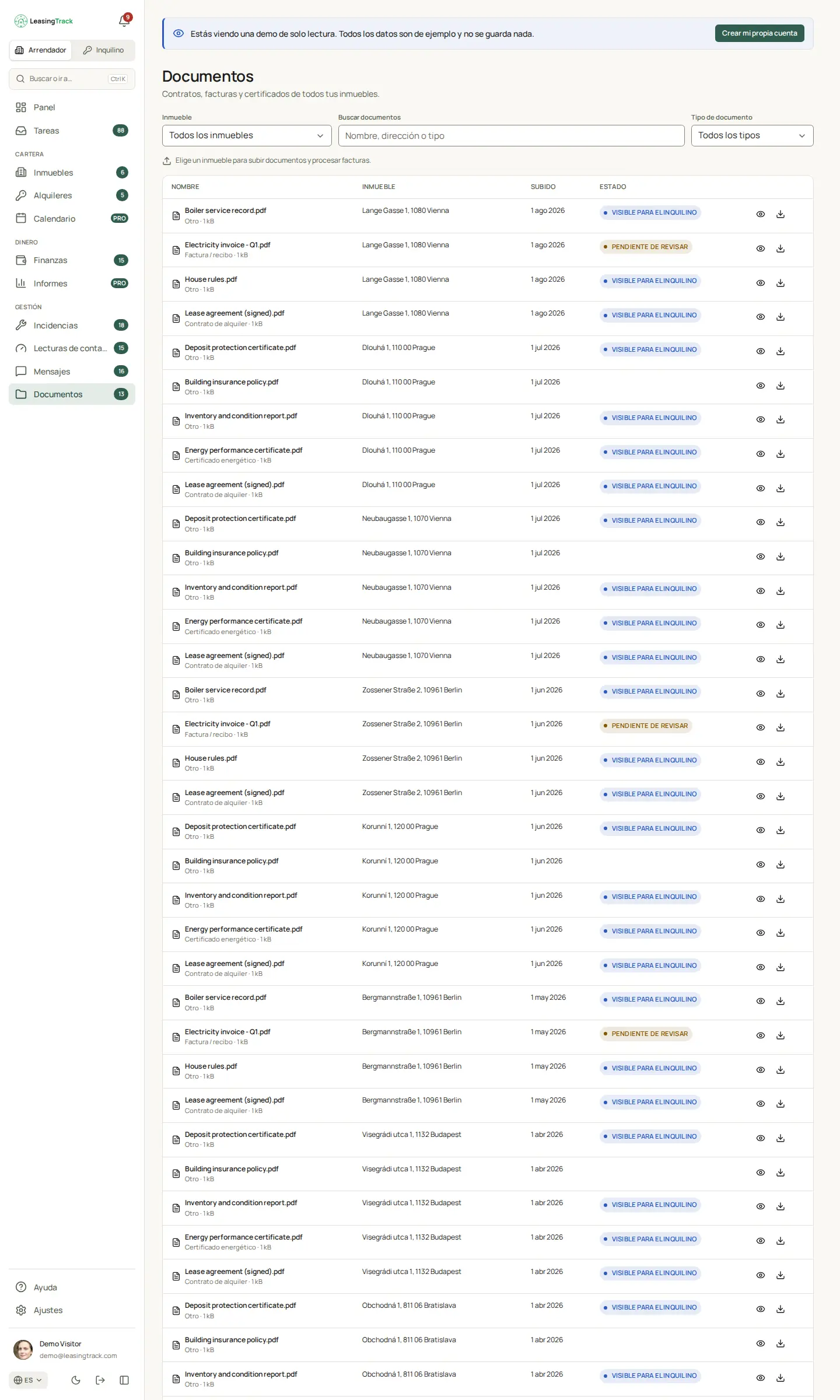Captura de LeasingTrack: Documentos