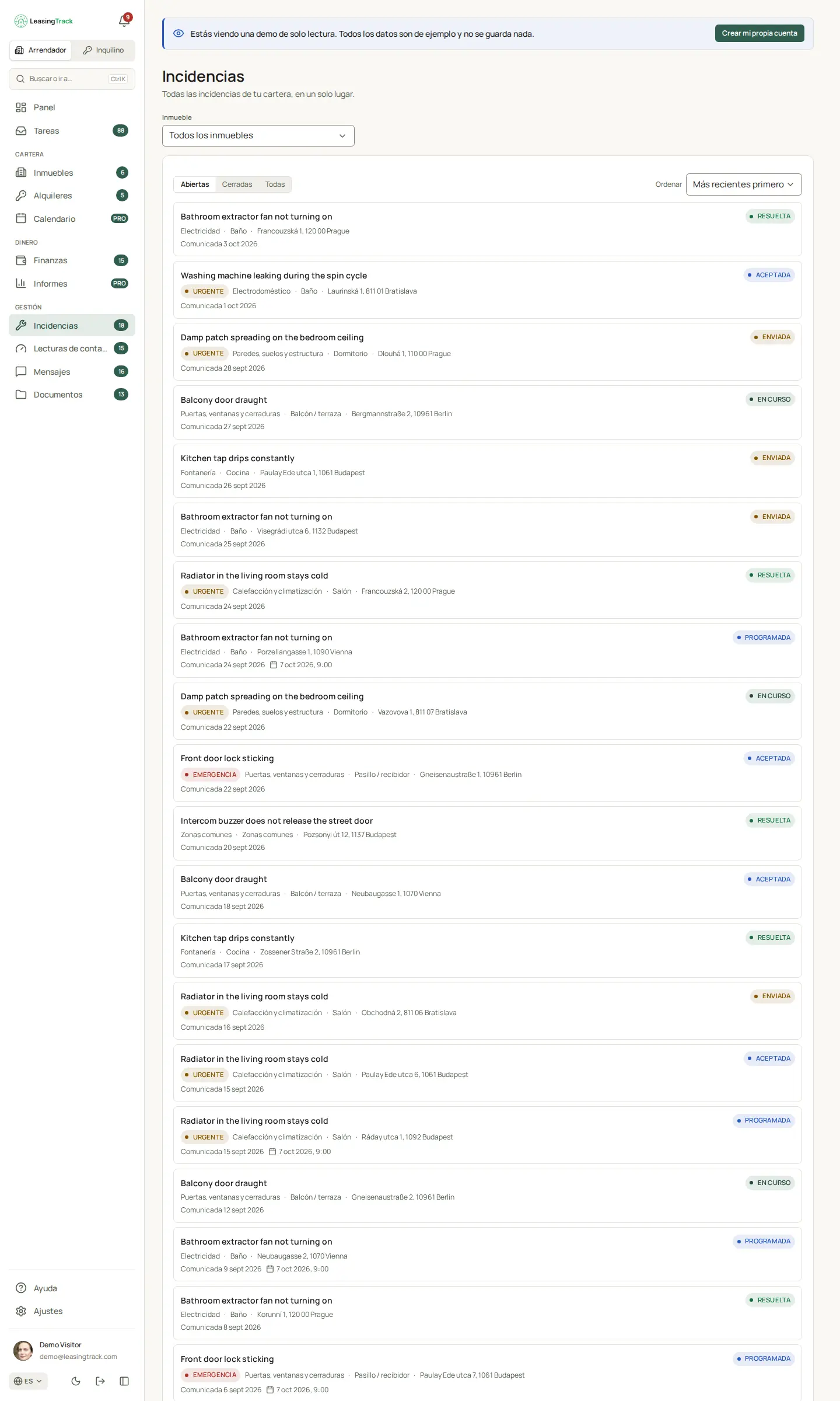 Captura de LeasingTrack: Incidencias