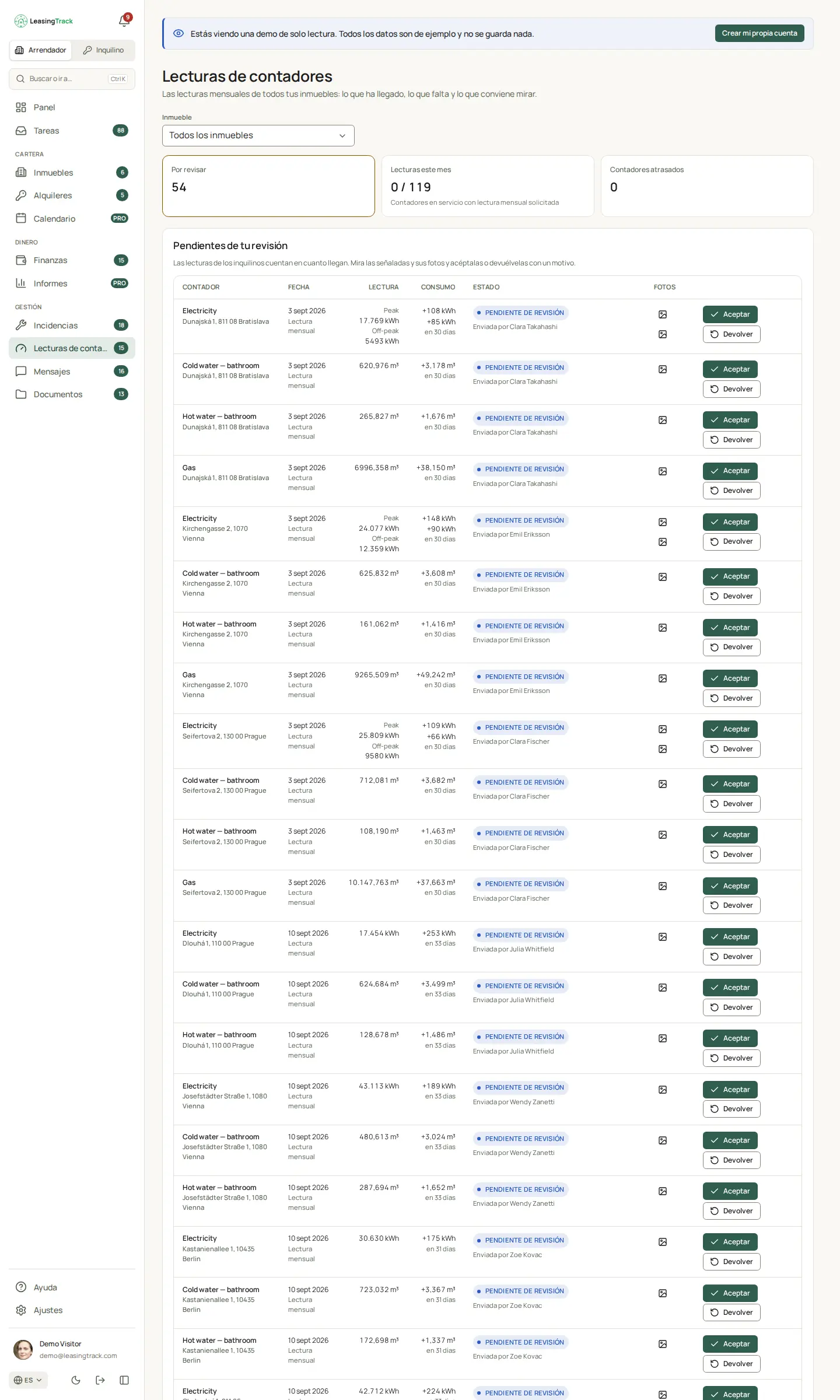 Captura de LeasingTrack: Lecturas de contadores