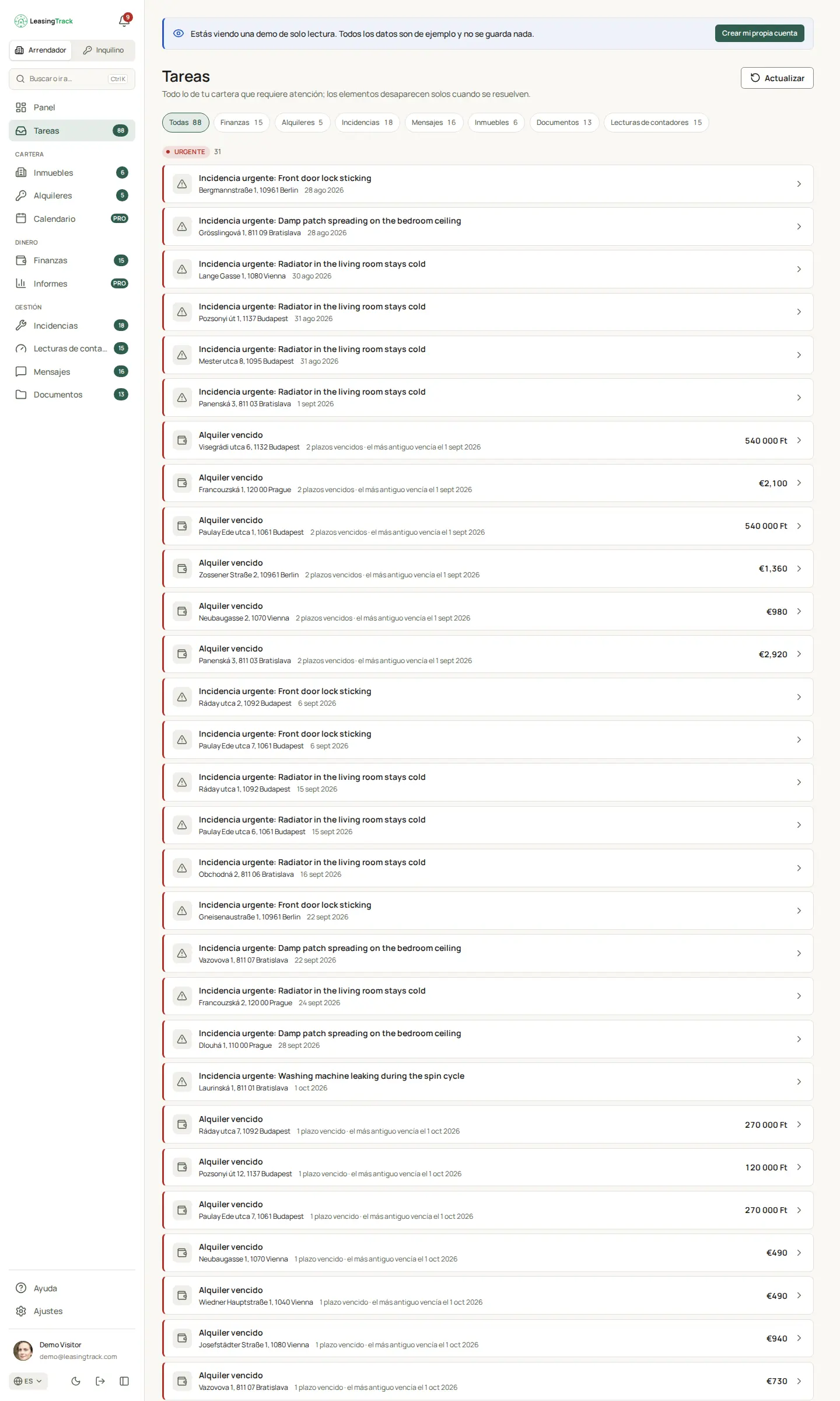 Captura de LeasingTrack: Tareas