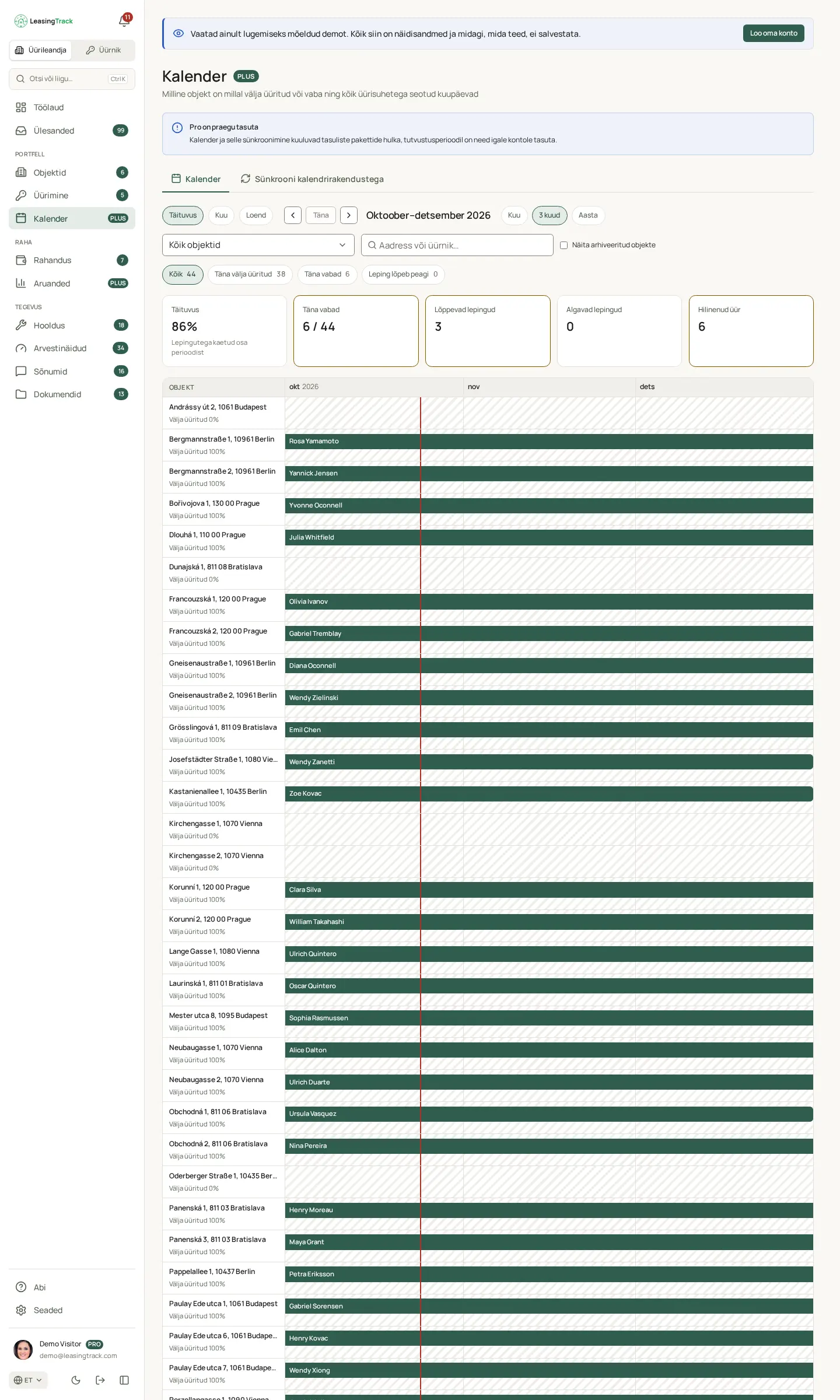 LeasingTracki ekraanipilt: Täituvuse kalender