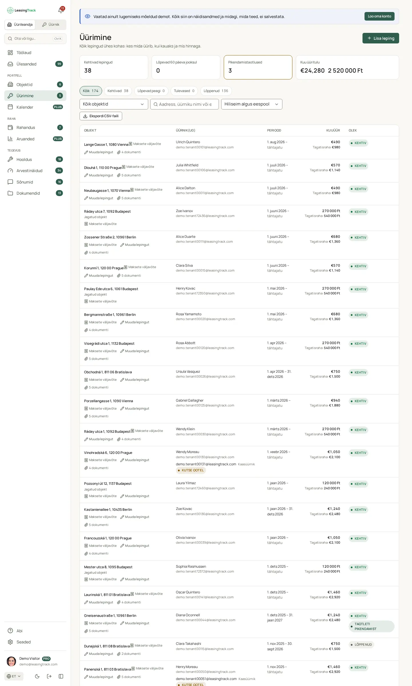 LeasingTracki ekraanipilt: Üürimine