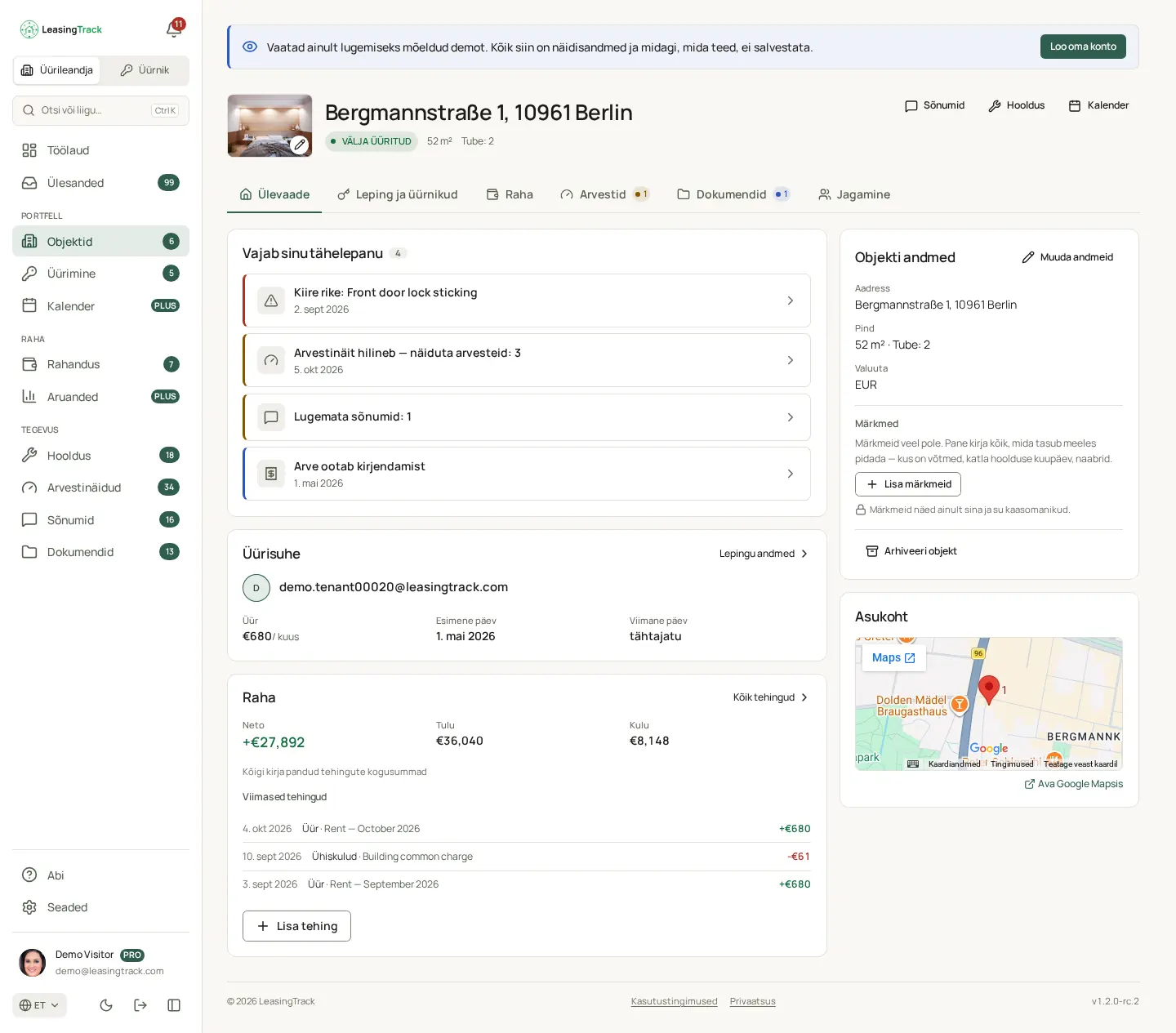 LeasingTracki ekraanipilt: Objekti leht