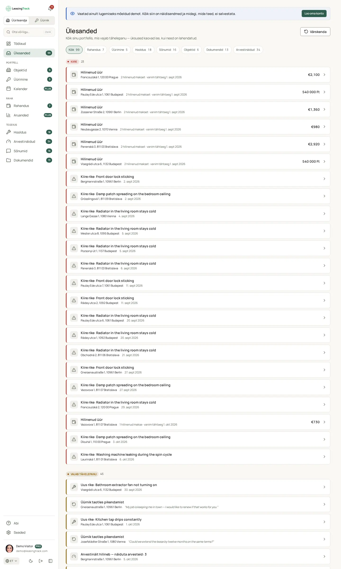 LeasingTracki ekraanipilt: Ülesanded