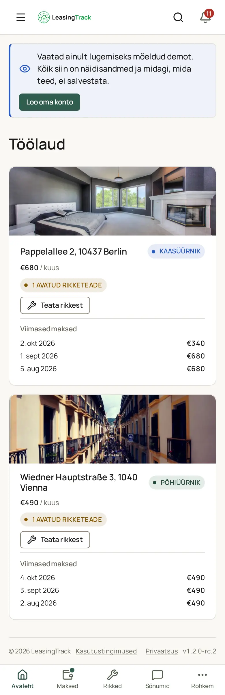 LeasingTracki ekraanipilt: Üürniku avaleht