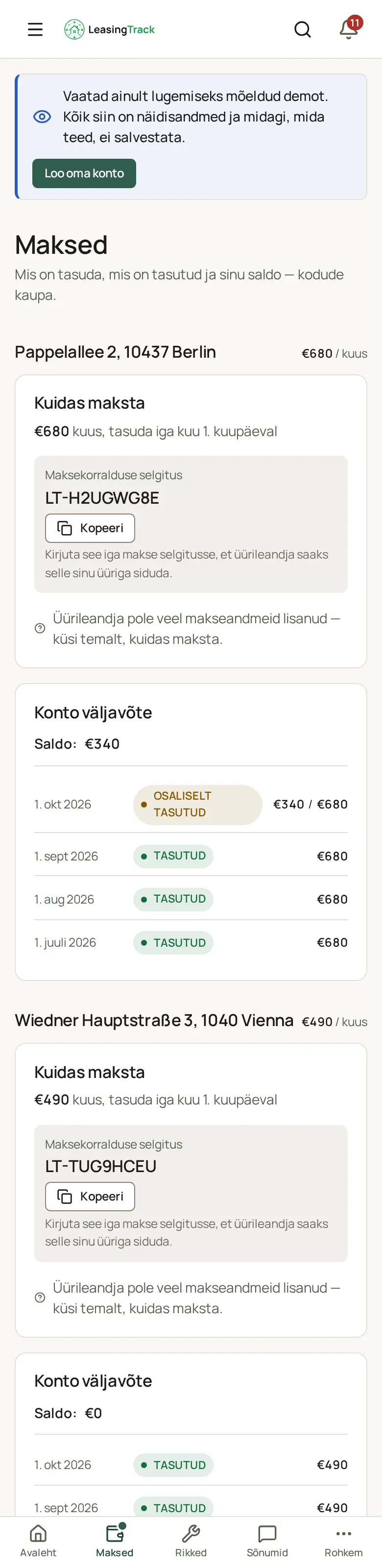 LeasingTracki ekraanipilt: Üürniku maksed