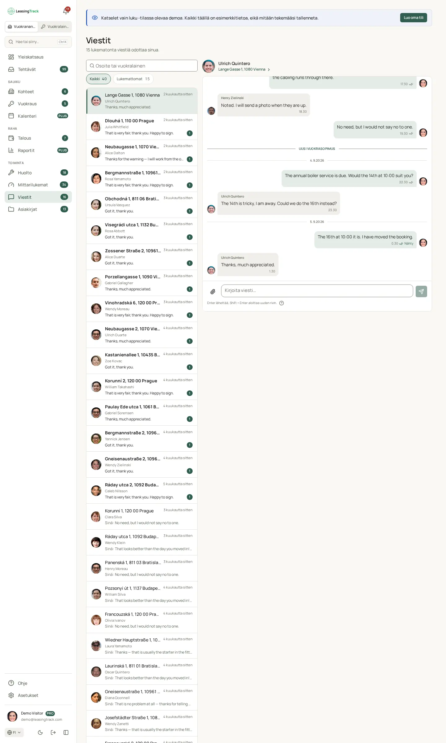 Kuvakaappaus LeasingTrackista: Viestit