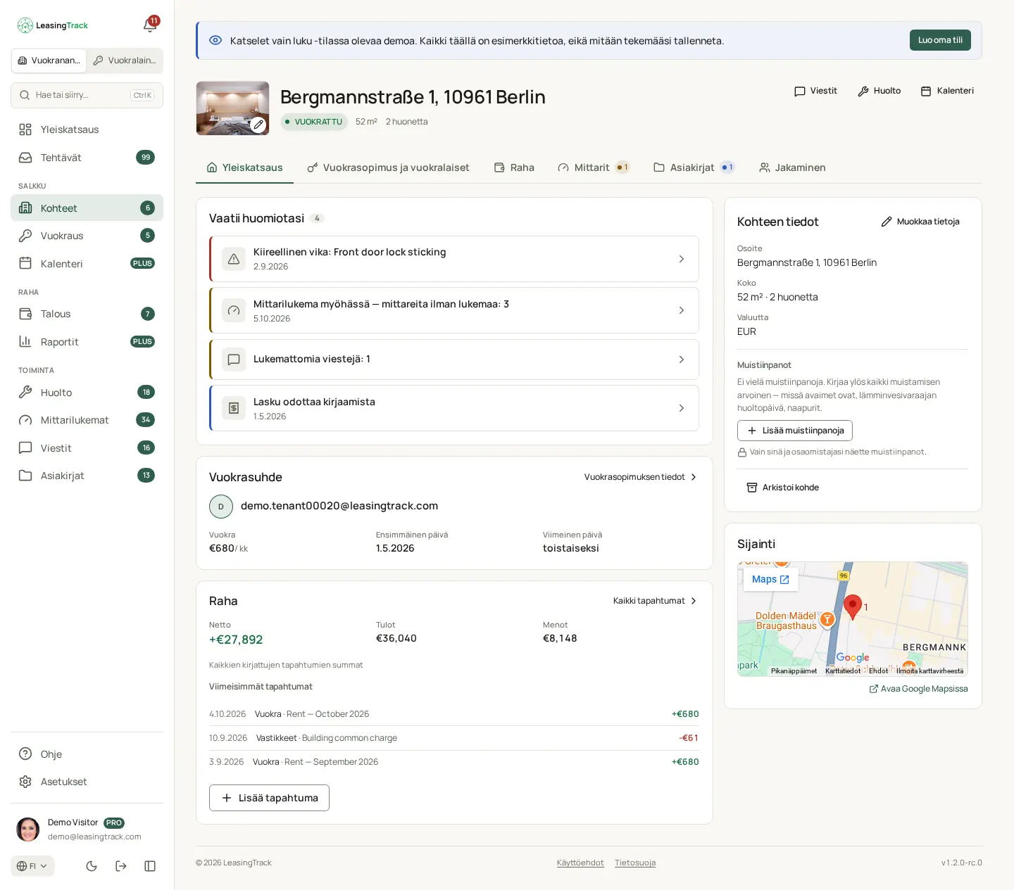 Kuvakaappaus LeasingTrackista: Kohteen sivu