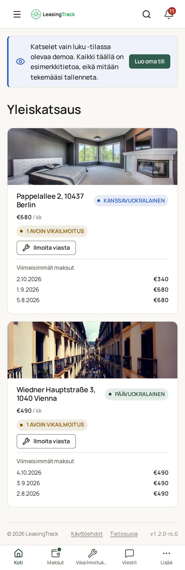 Kuvakaappaus LeasingTrackista: Vuokralaisen aloitusnäkymä