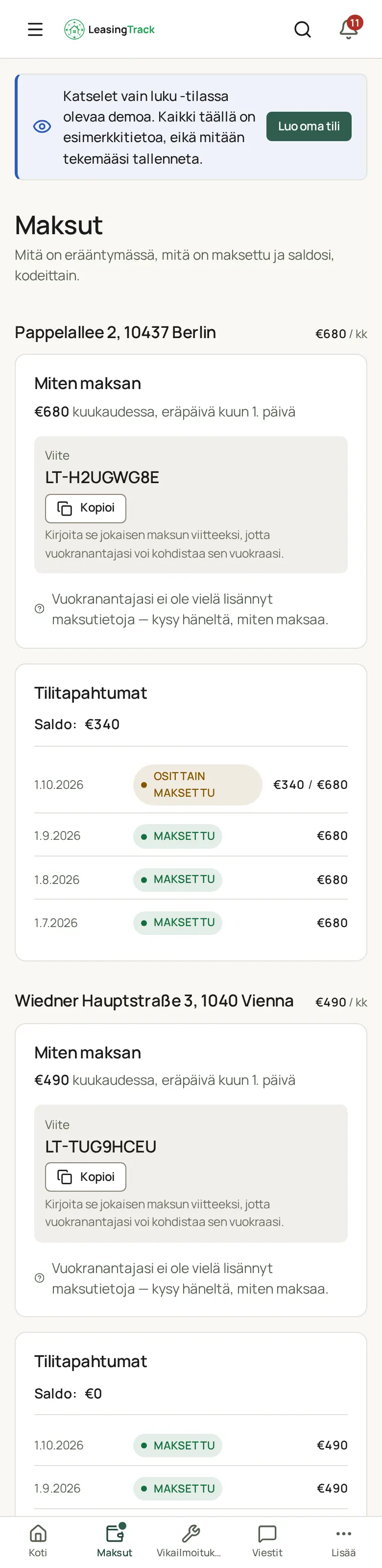 Kuvakaappaus LeasingTrackista: Vuokralaisen maksut
