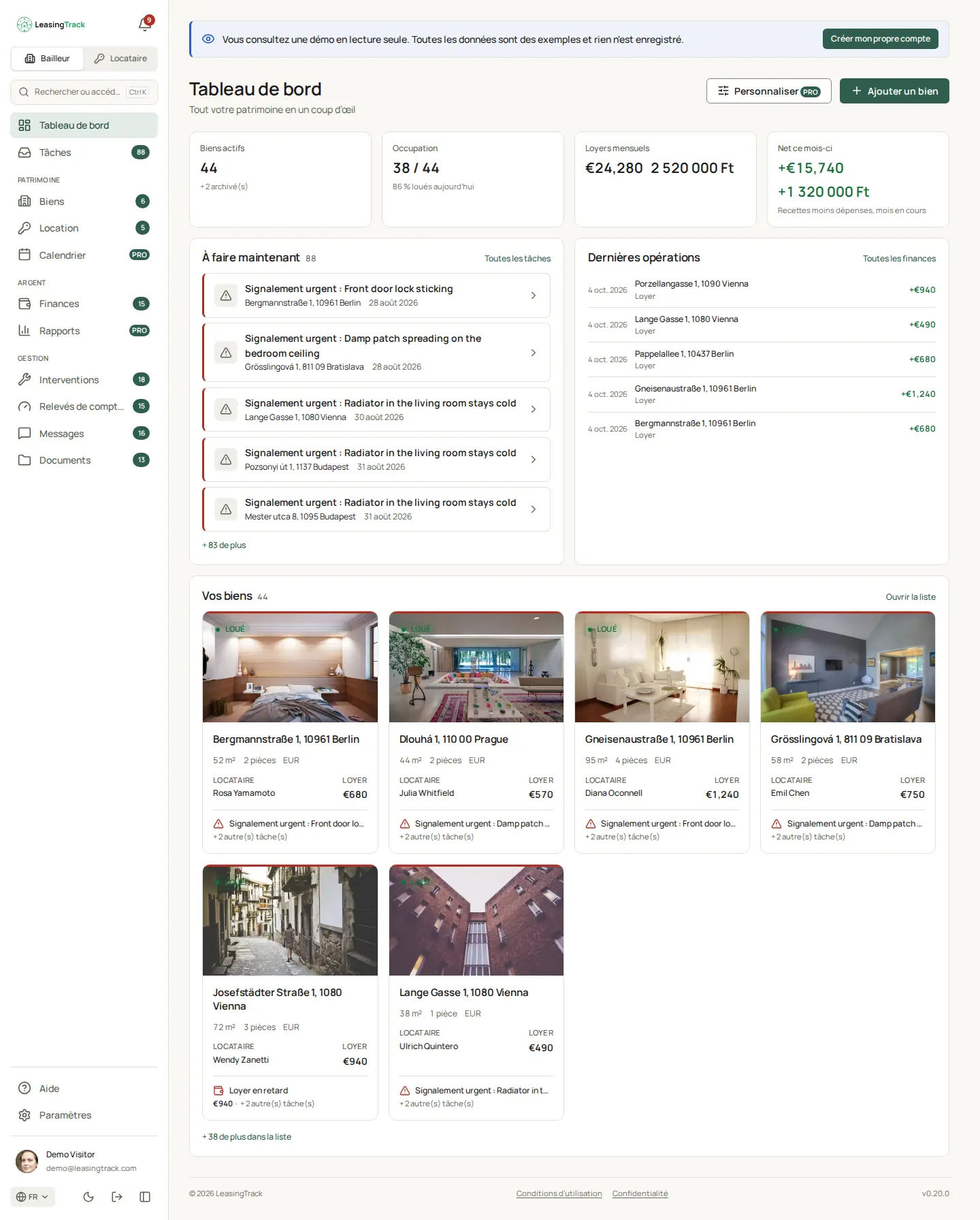 Capture d’écran de LeasingTrack : Tableau de bord
