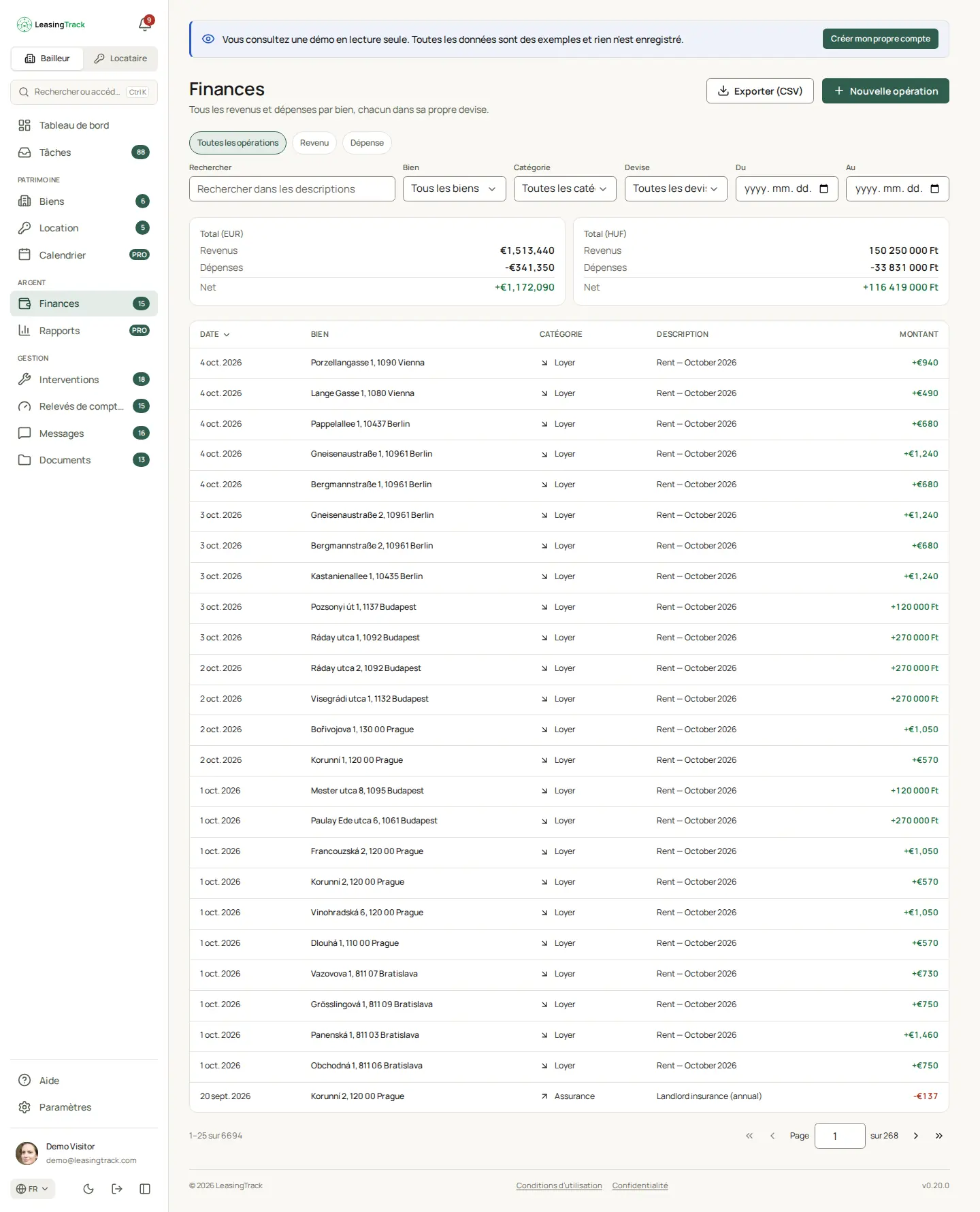 Capture d’écran de LeasingTrack : Finances