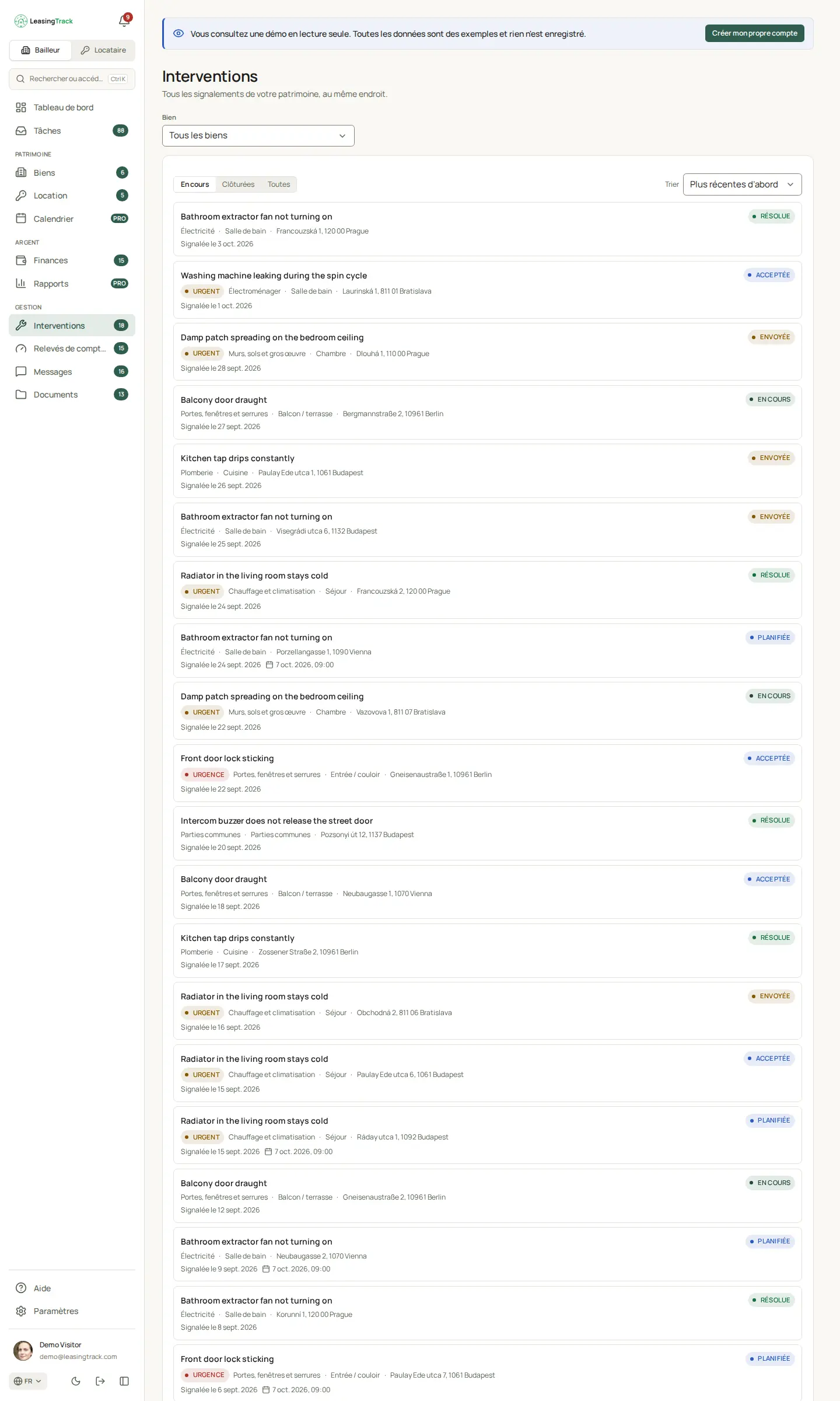 Capture d’écran de LeasingTrack : Interventions