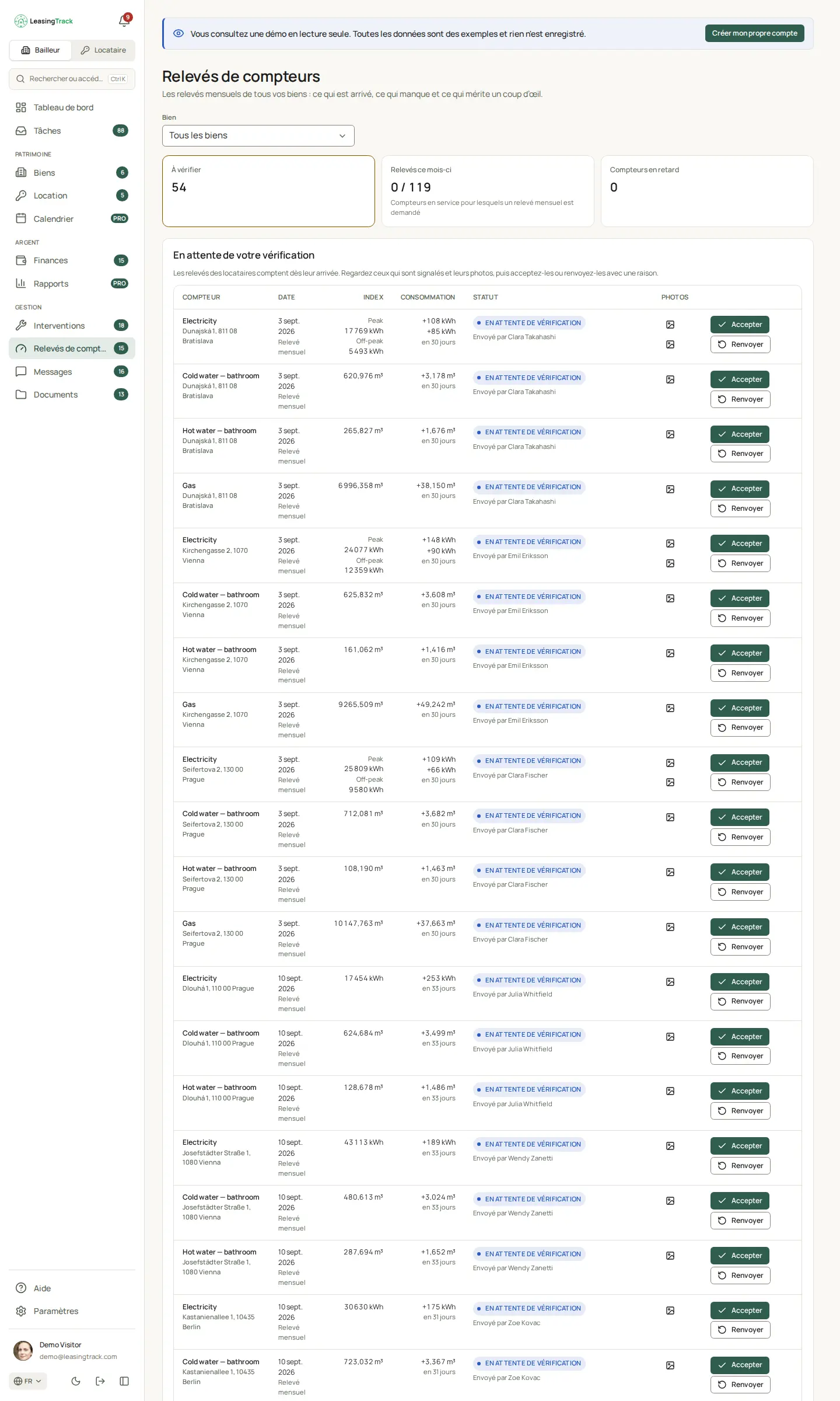 Capture d’écran de LeasingTrack : Relevés de compteurs