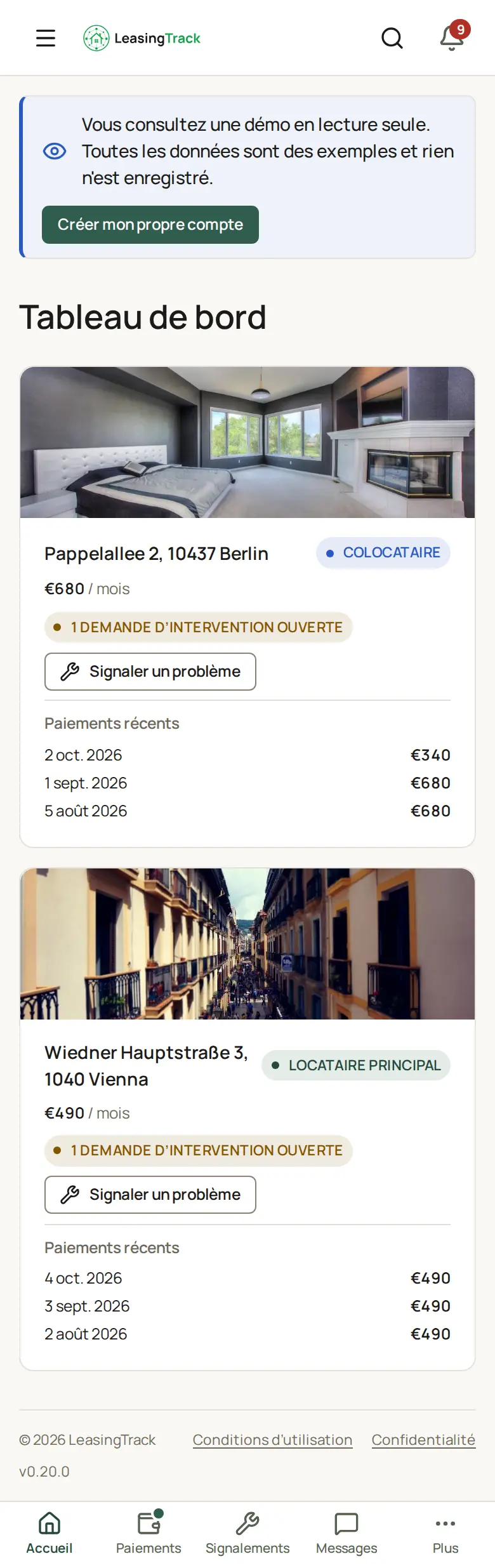 Capture d’écran de LeasingTrack : L’accueil du locataire