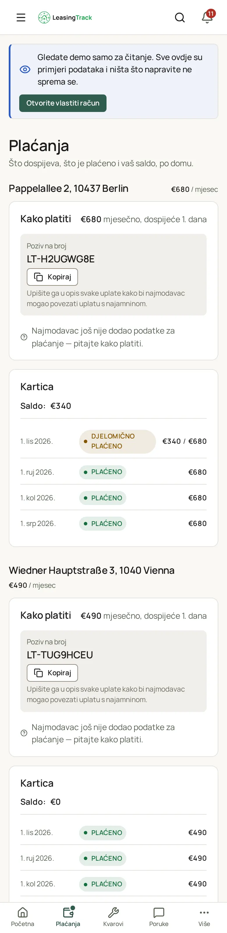 Snimka zaslona LeasingTracka: Plaćanja najmoprimca