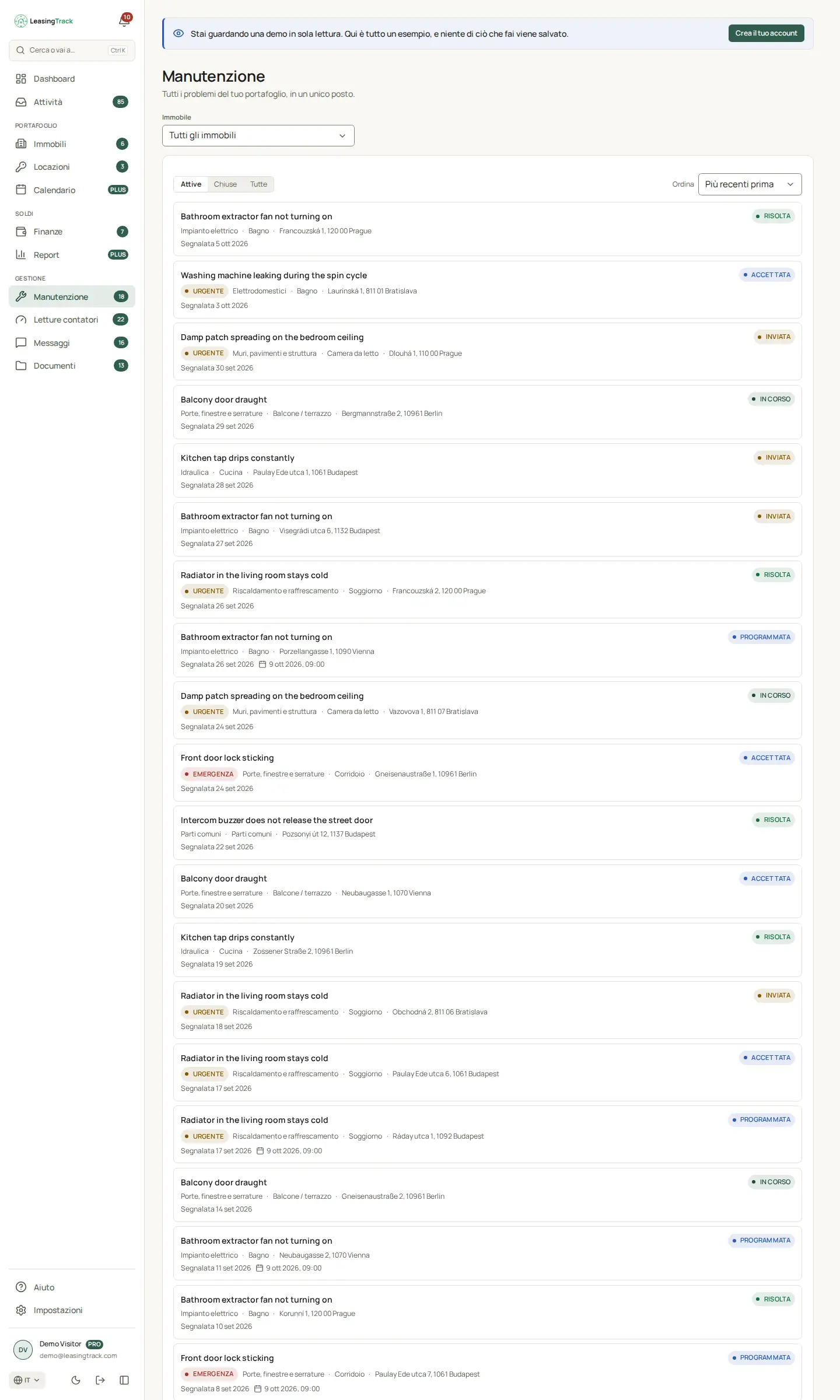 Screenshot di LeasingTrack: Manutenzione