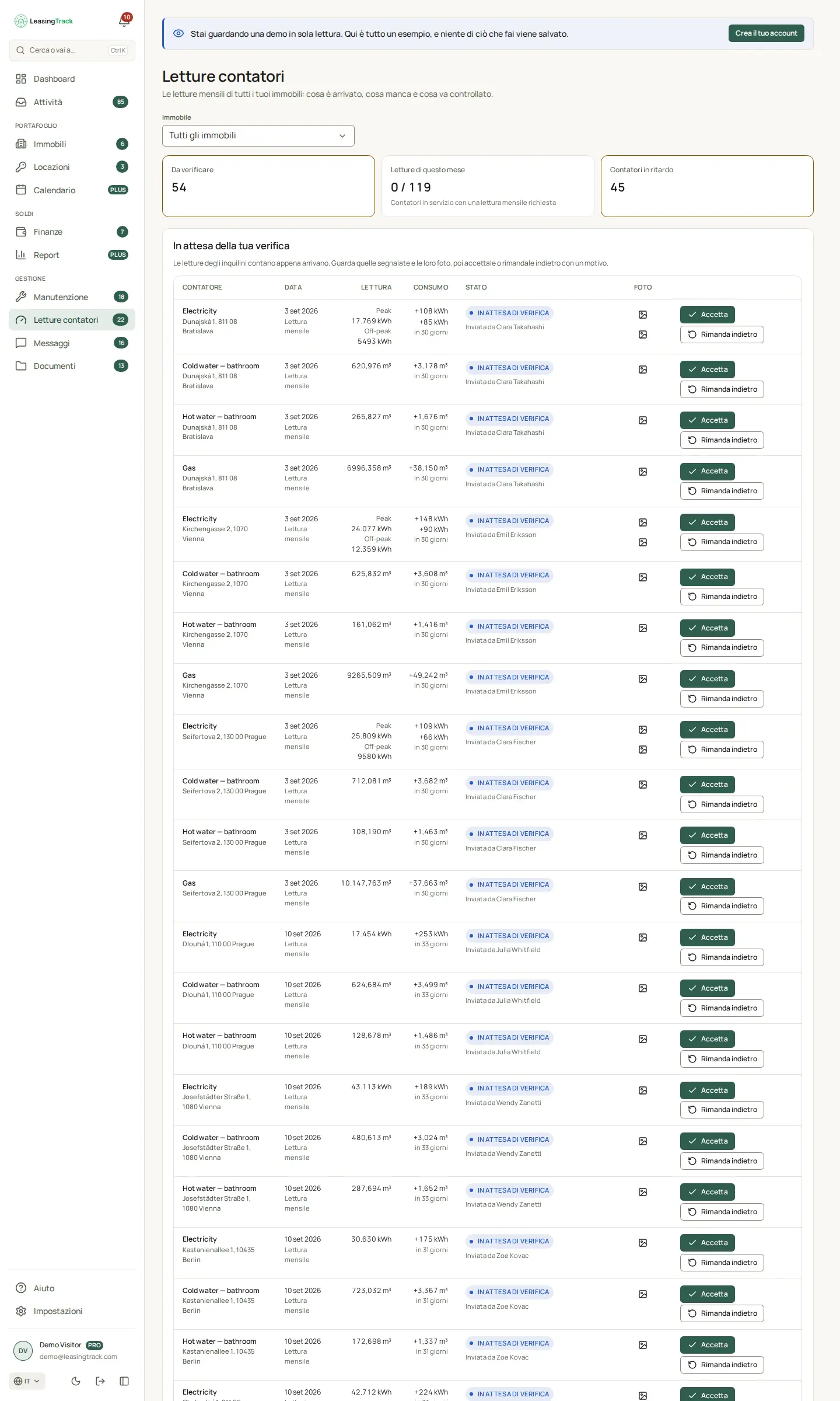Screenshot di LeasingTrack: Letture contatori