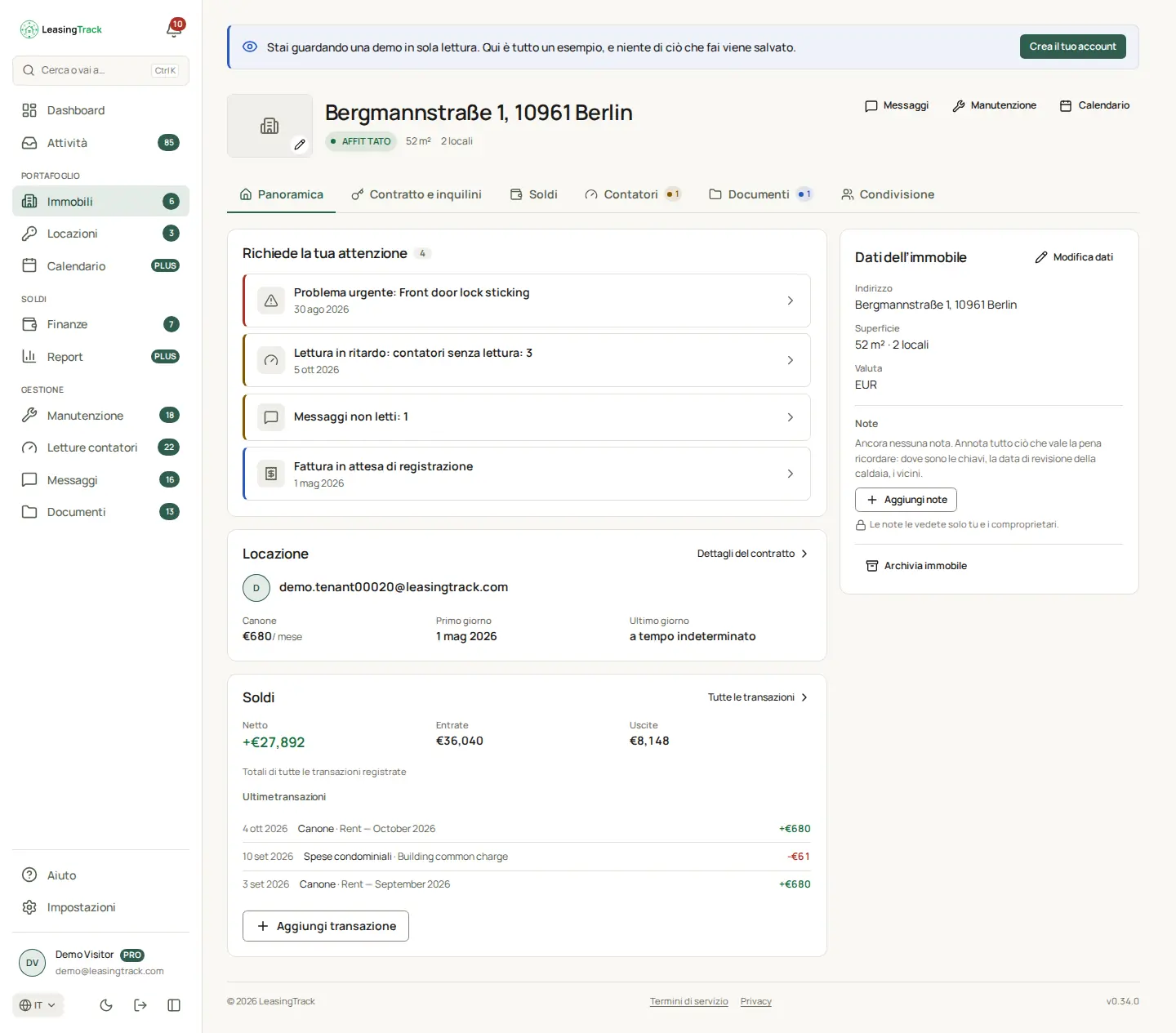 Screenshot di LeasingTrack: La pagina di un immobile