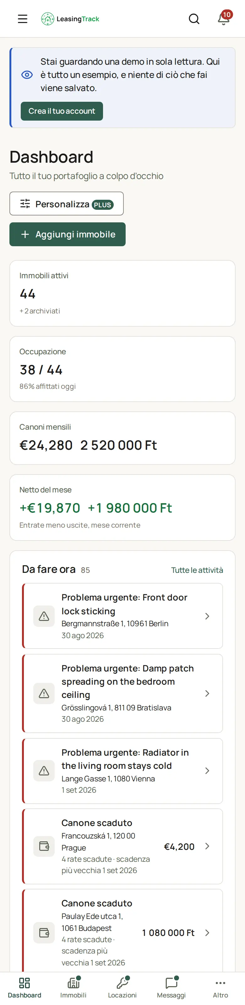Screenshot di LeasingTrack: La schermata principale dell’inquilino