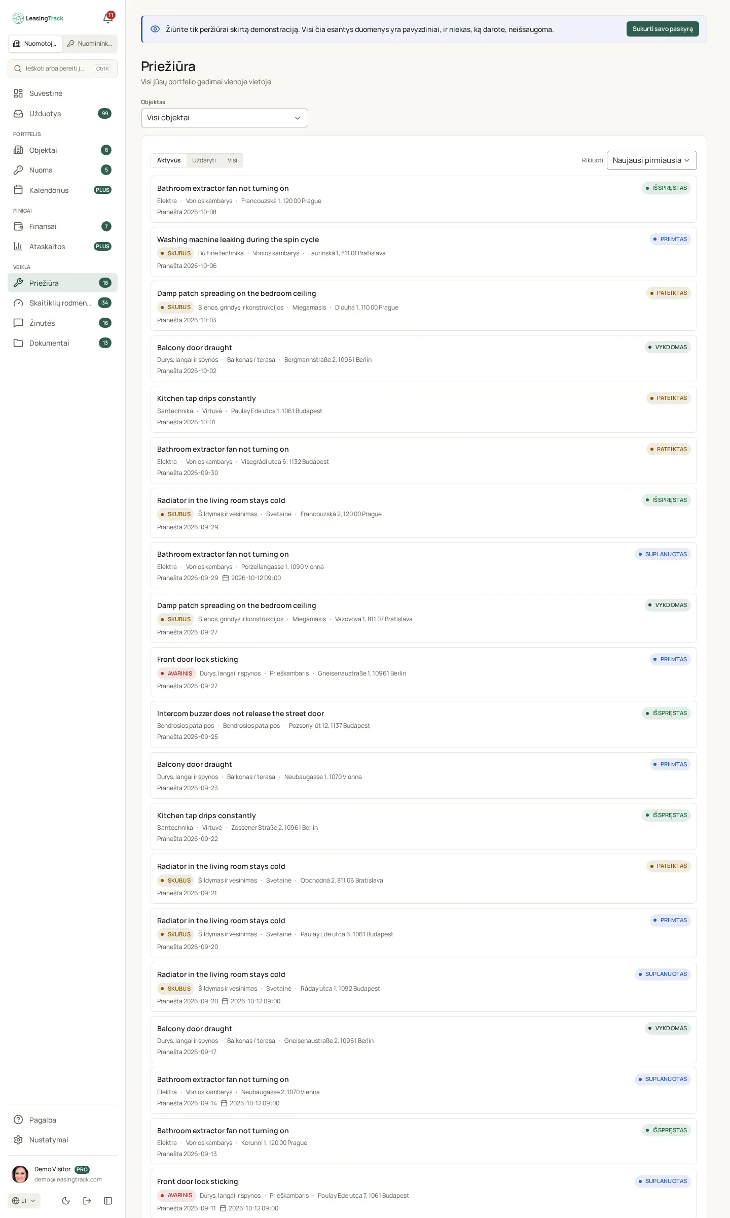 LeasingTrack ekrano nuotrauka: Priežiūra