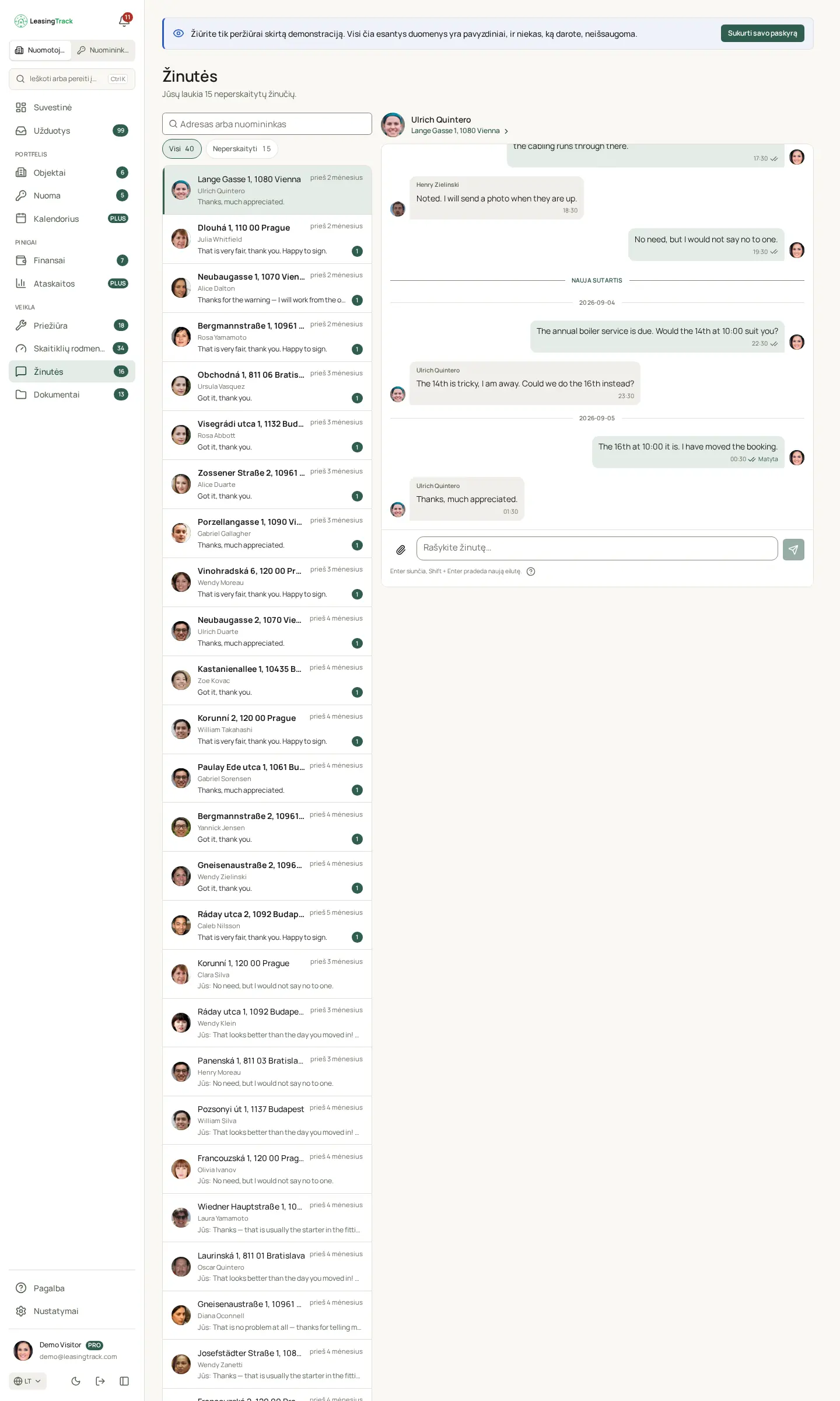 LeasingTrack ekrano nuotrauka: Žinutės