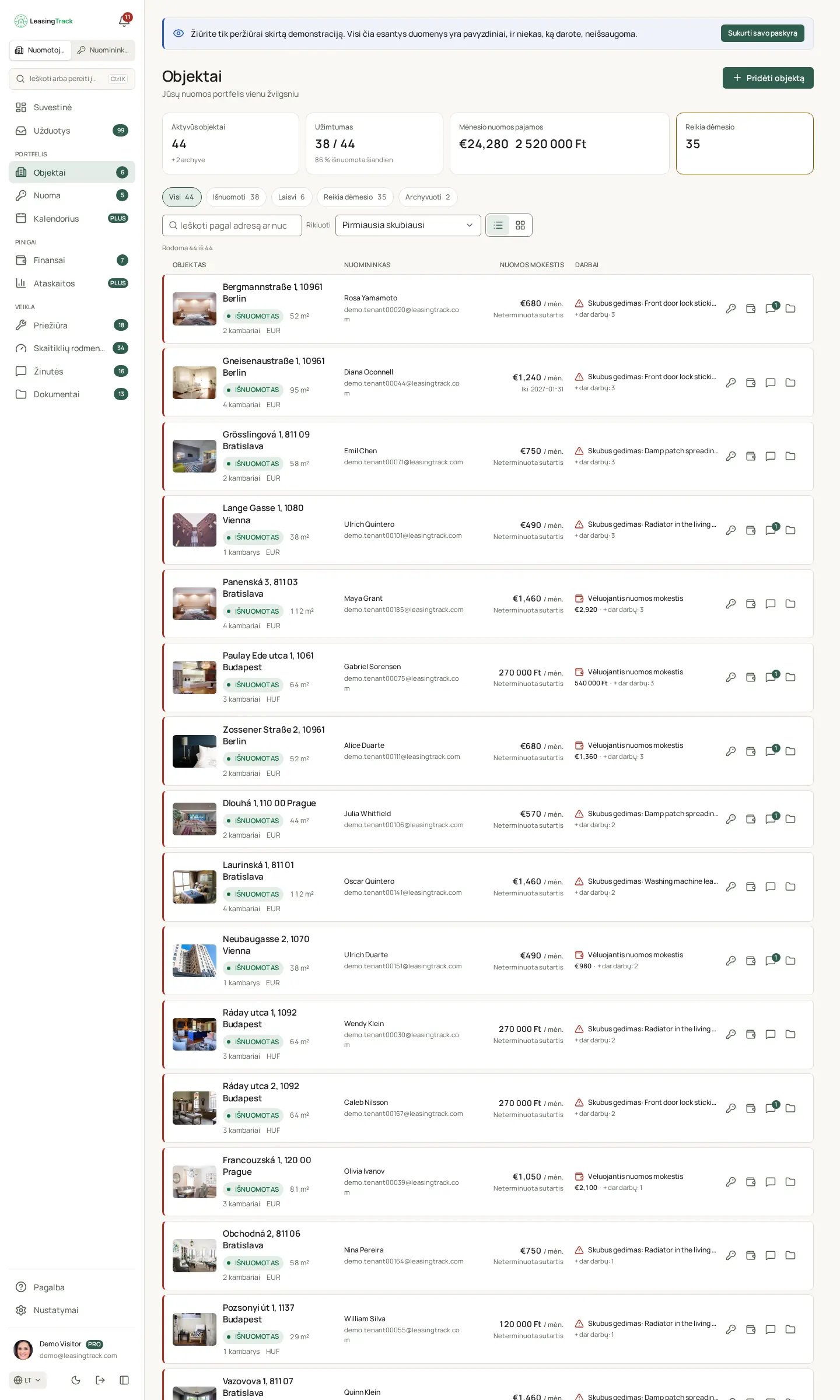 LeasingTrack ekrano nuotrauka: Objektai