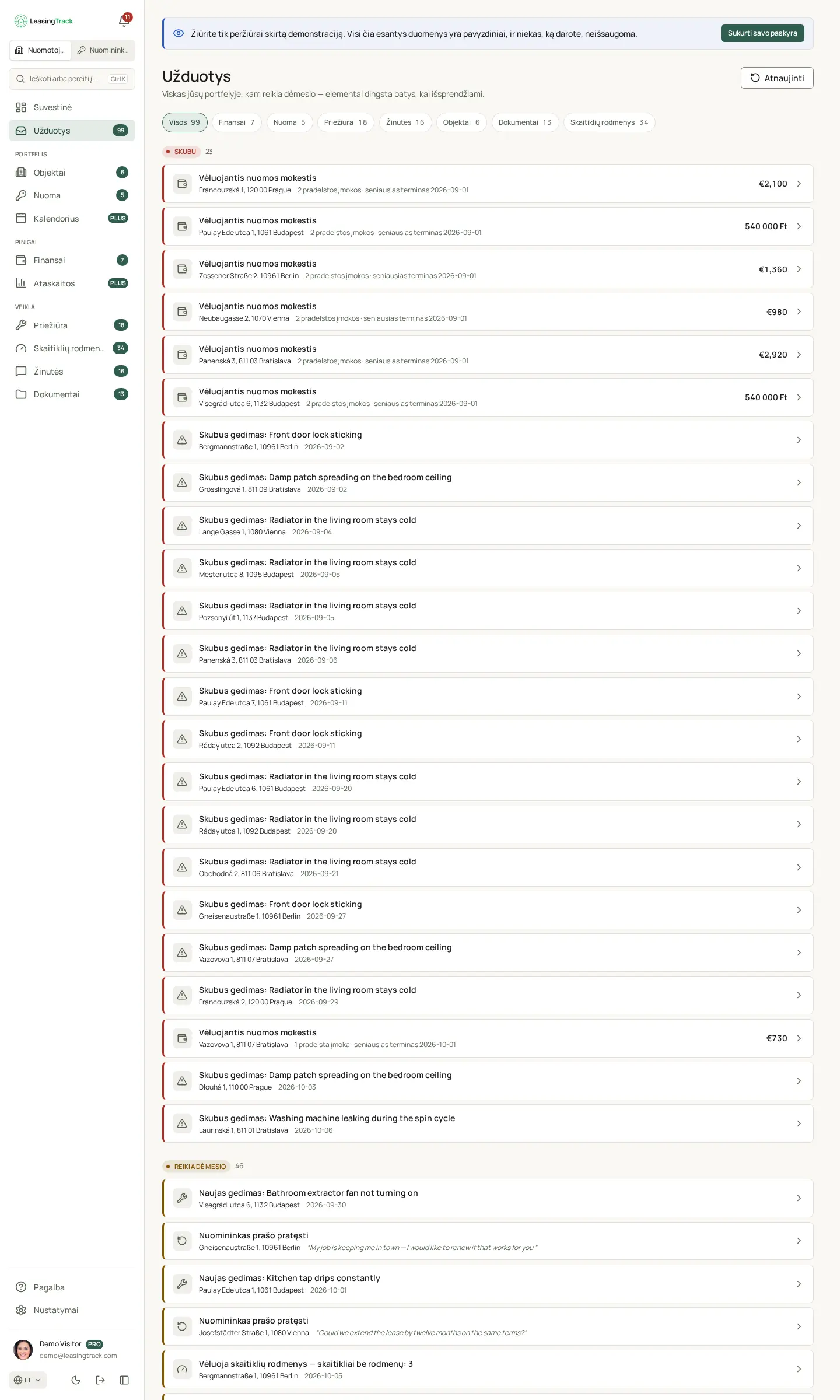 LeasingTrack ekrano nuotrauka: Užduotys