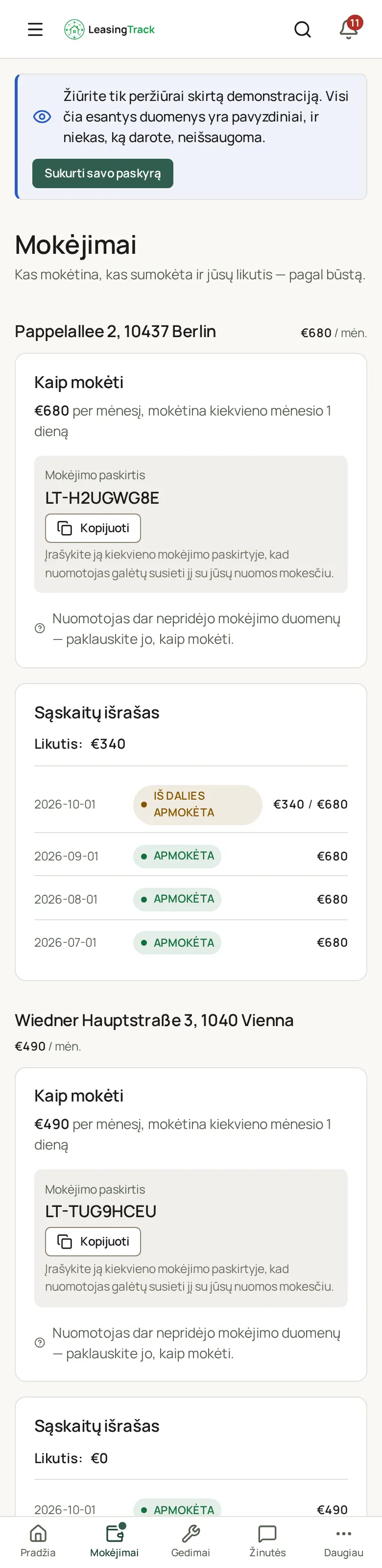 LeasingTrack ekrano nuotrauka: Nuomininko mokėjimai