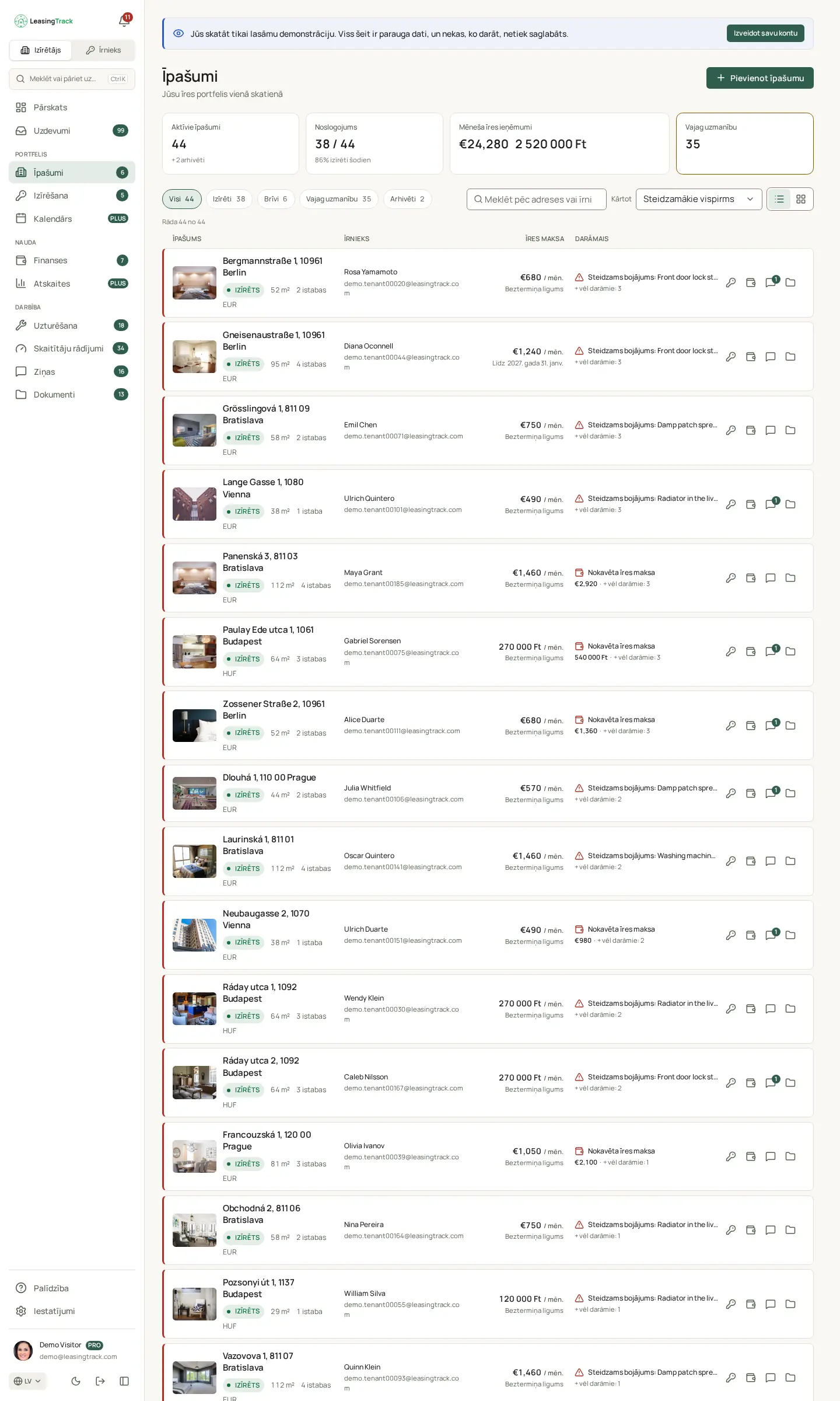 LeasingTrack ekrānuzņēmums: Īpašumi