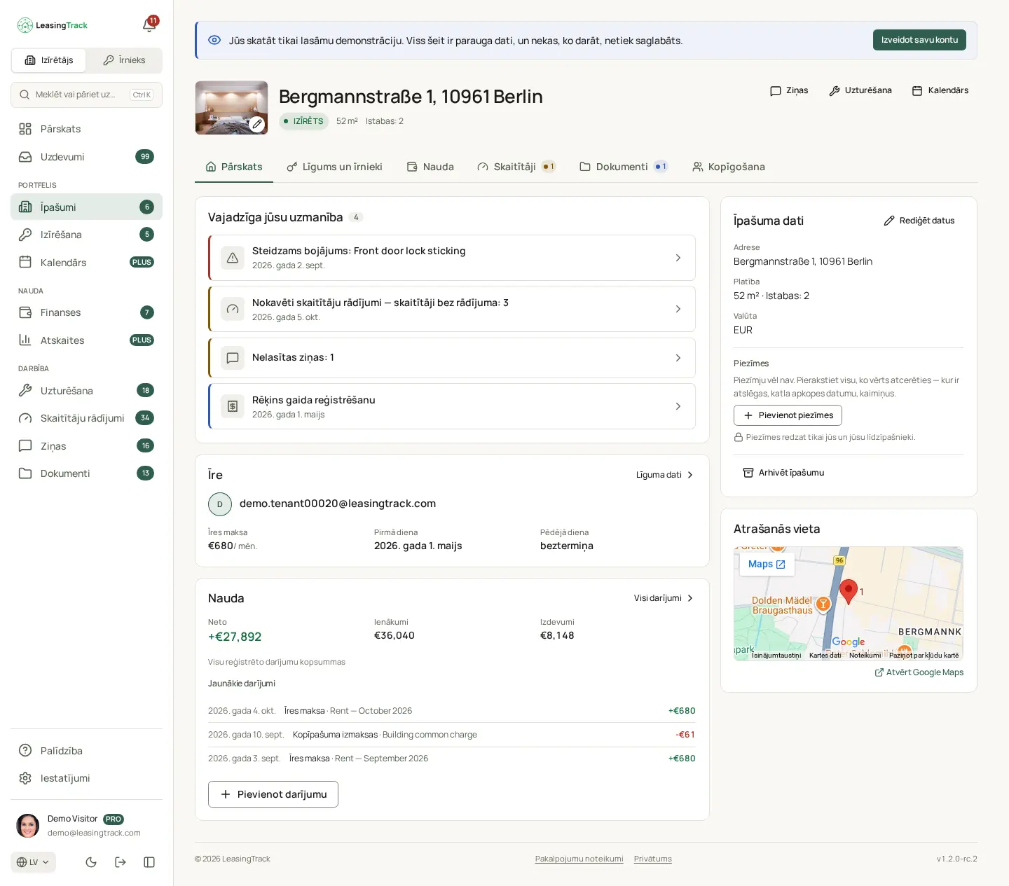 LeasingTrack ekrānuzņēmums: Īpašuma lapa
