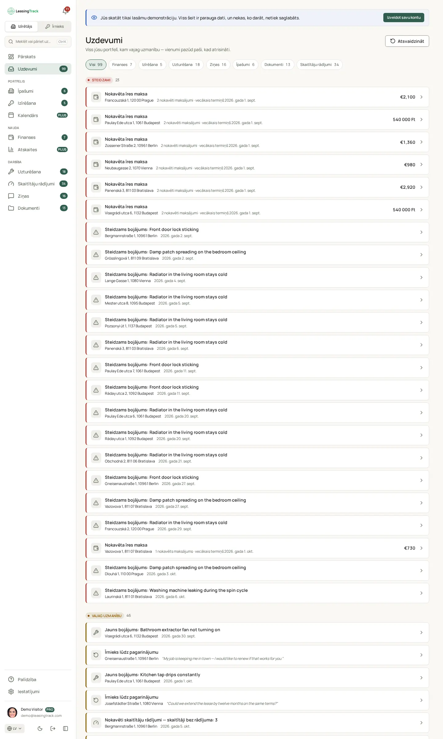 LeasingTrack ekrānuzņēmums: Uzdevumi