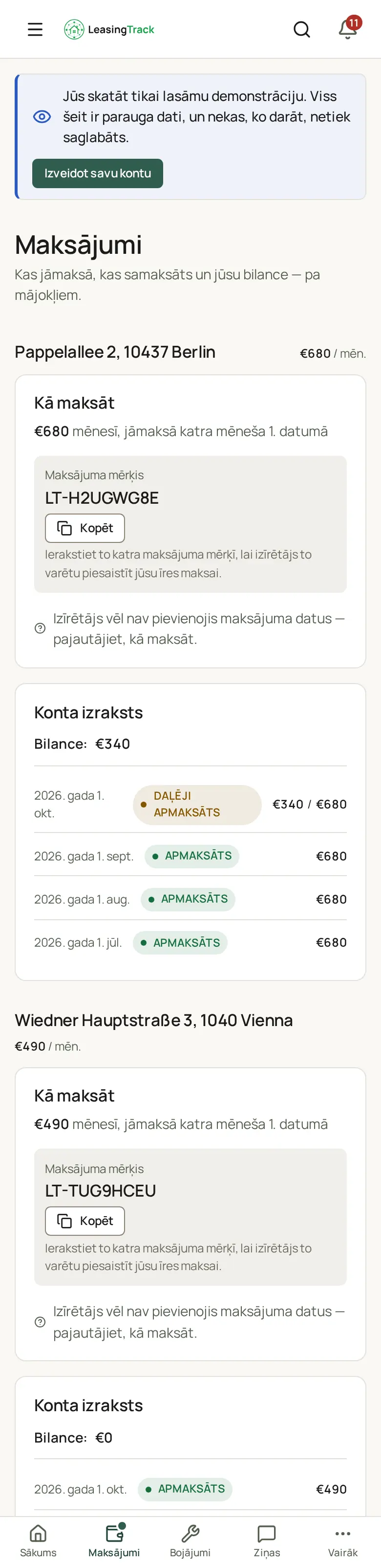LeasingTrack ekrānuzņēmums: Īrnieka maksājumi